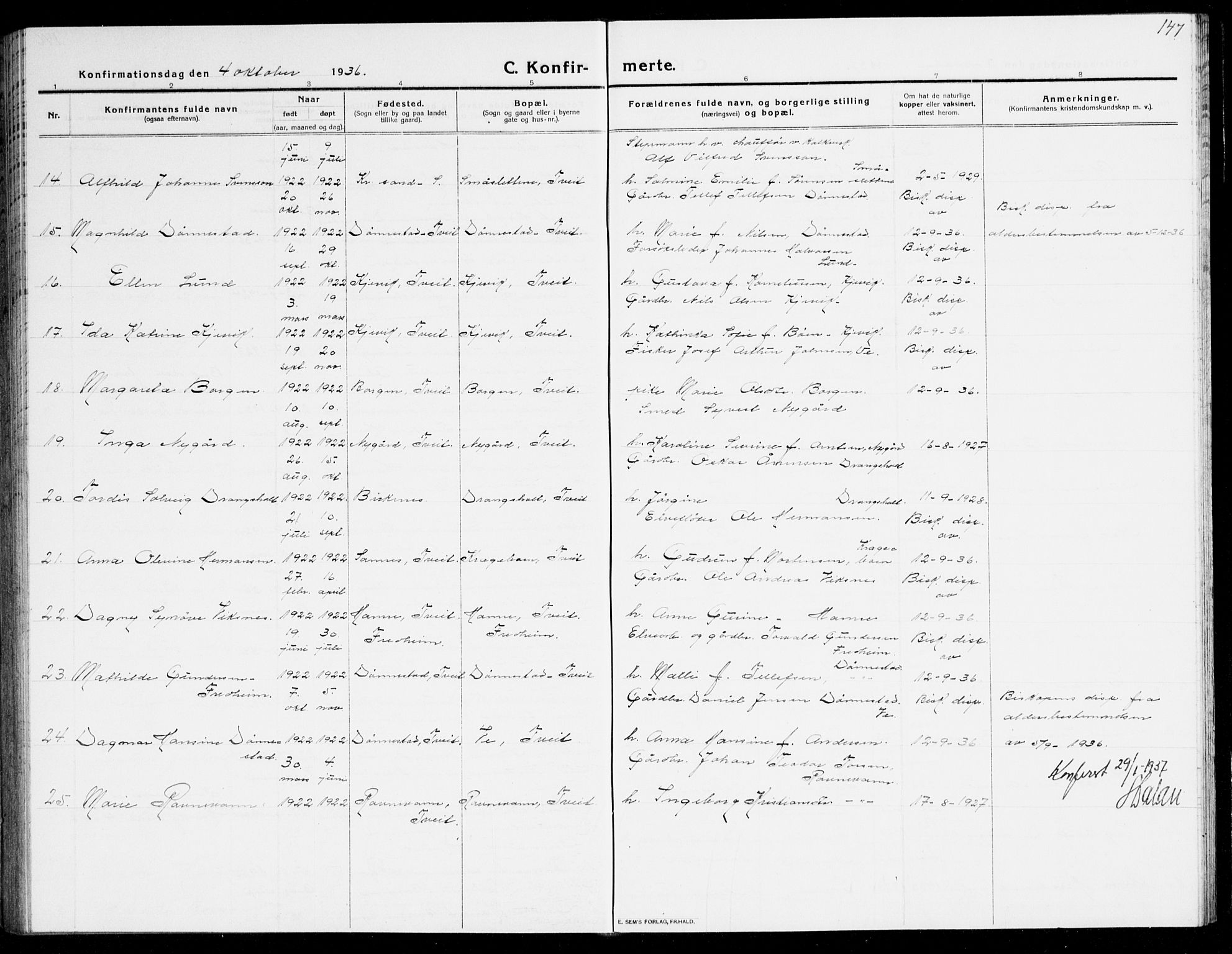 Tveit sokneprestkontor, AV/SAK-1111-0043/F/Fb/L0005: Parish register (copy) no. B 5, 1915-1941, p. 147