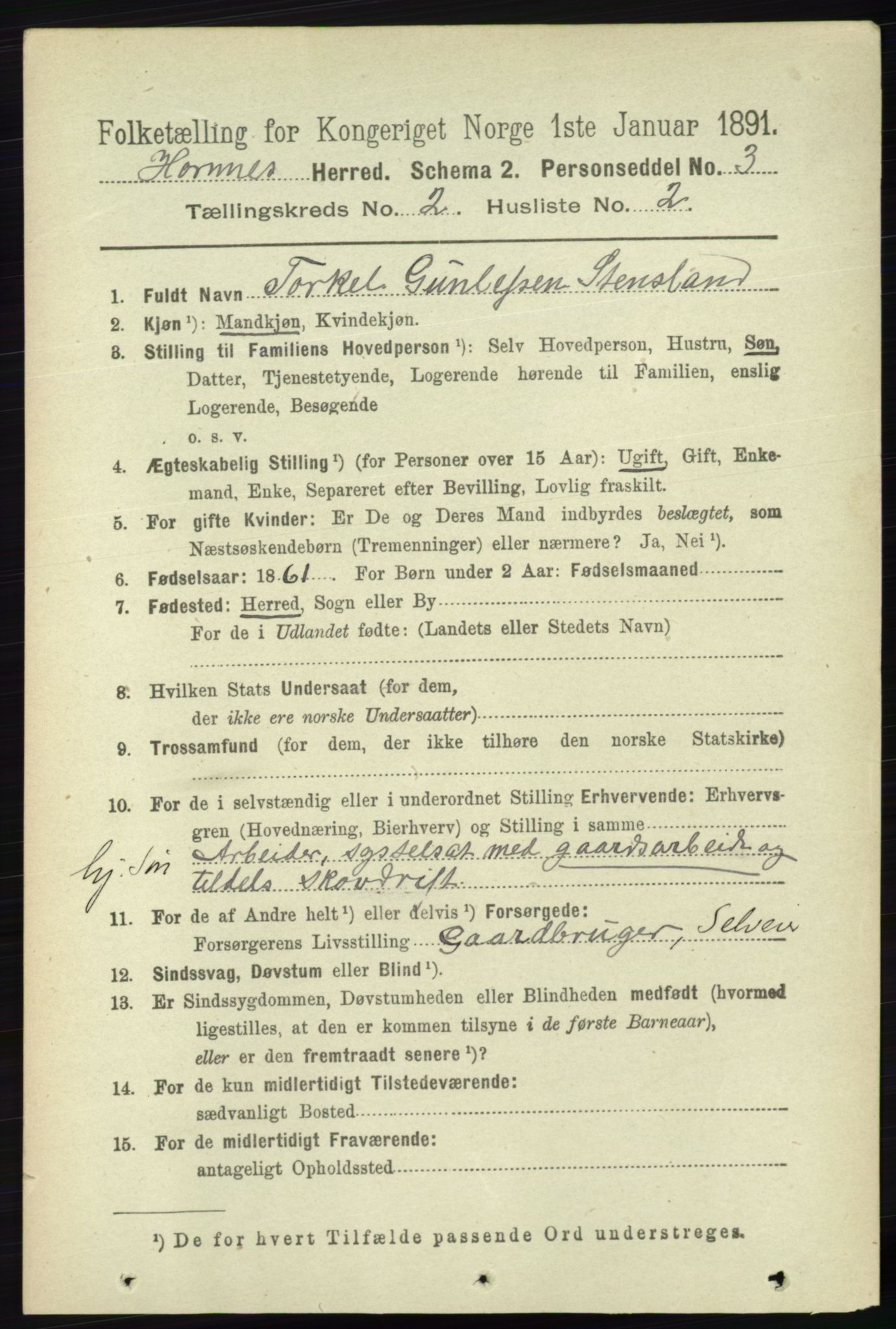 RA, 1891 census for 0936 Hornnes, 1891, p. 220