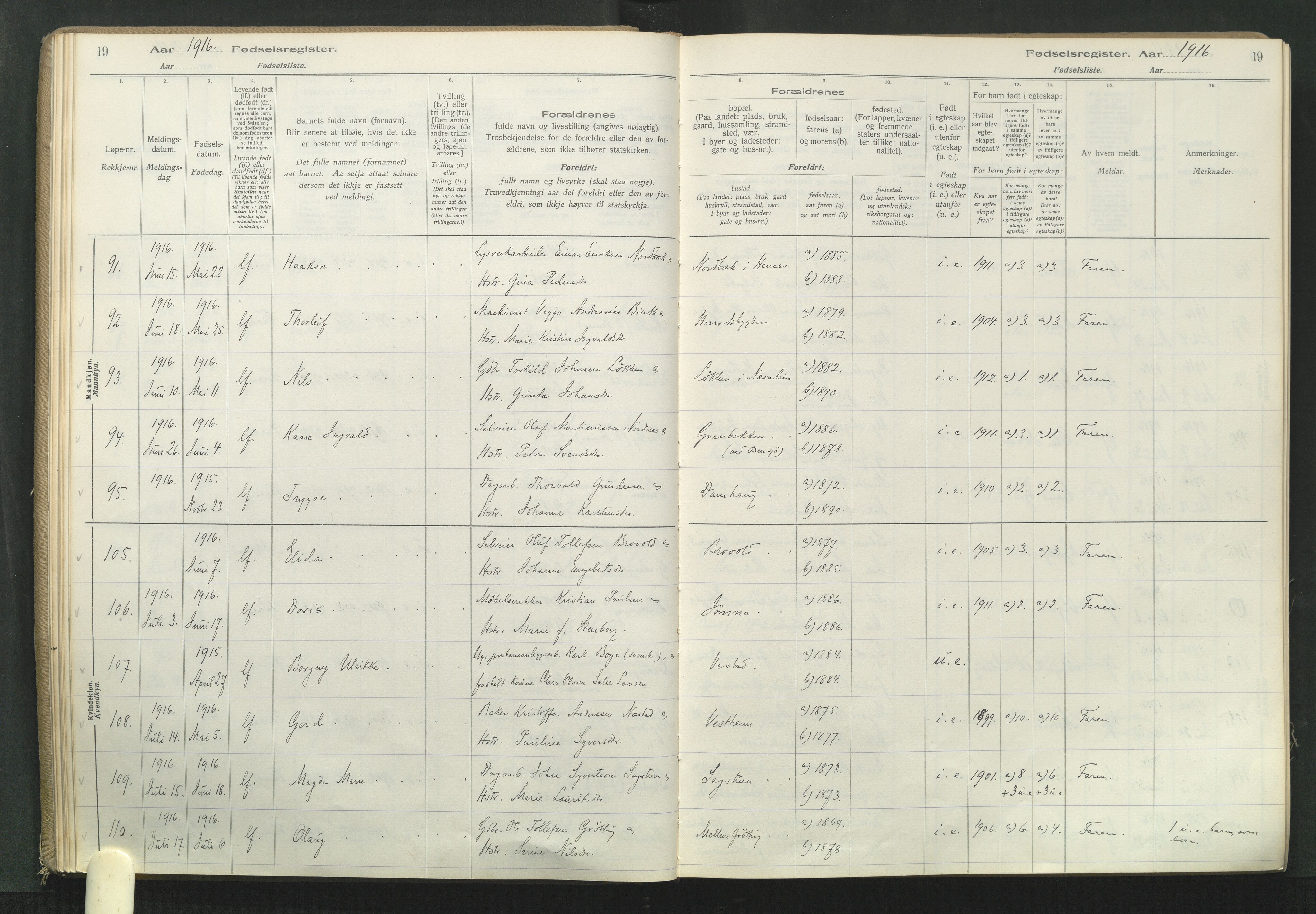 Elverum prestekontor, AV/SAH-PREST-044/I/Id/L0001: Birth register no. 1, 1916-1921