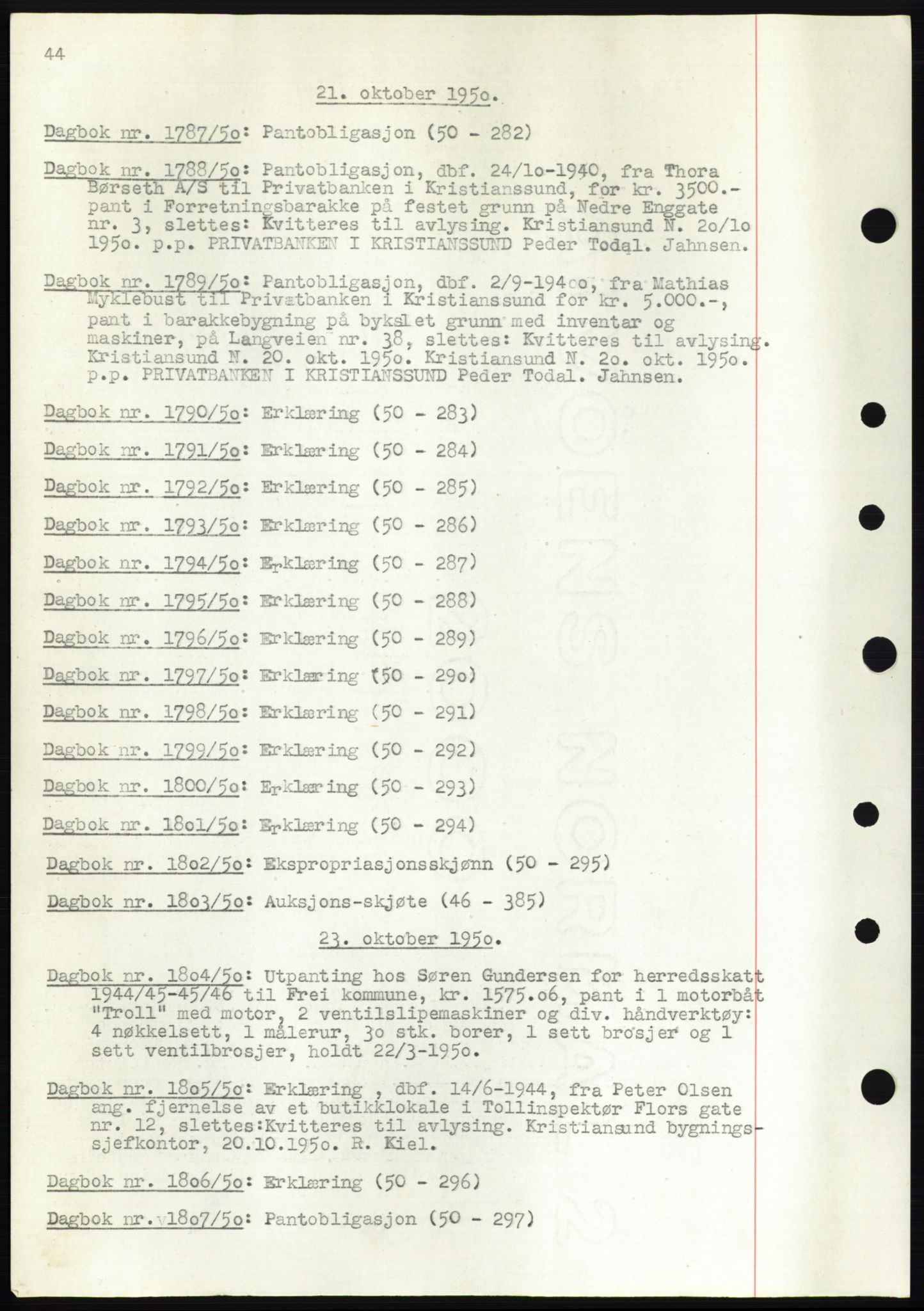 Kristiansund byfogd, AV/SAT-A-4587/A/27: Mortgage book no. 49, 1950-1950, Deed date: 21.10.1950