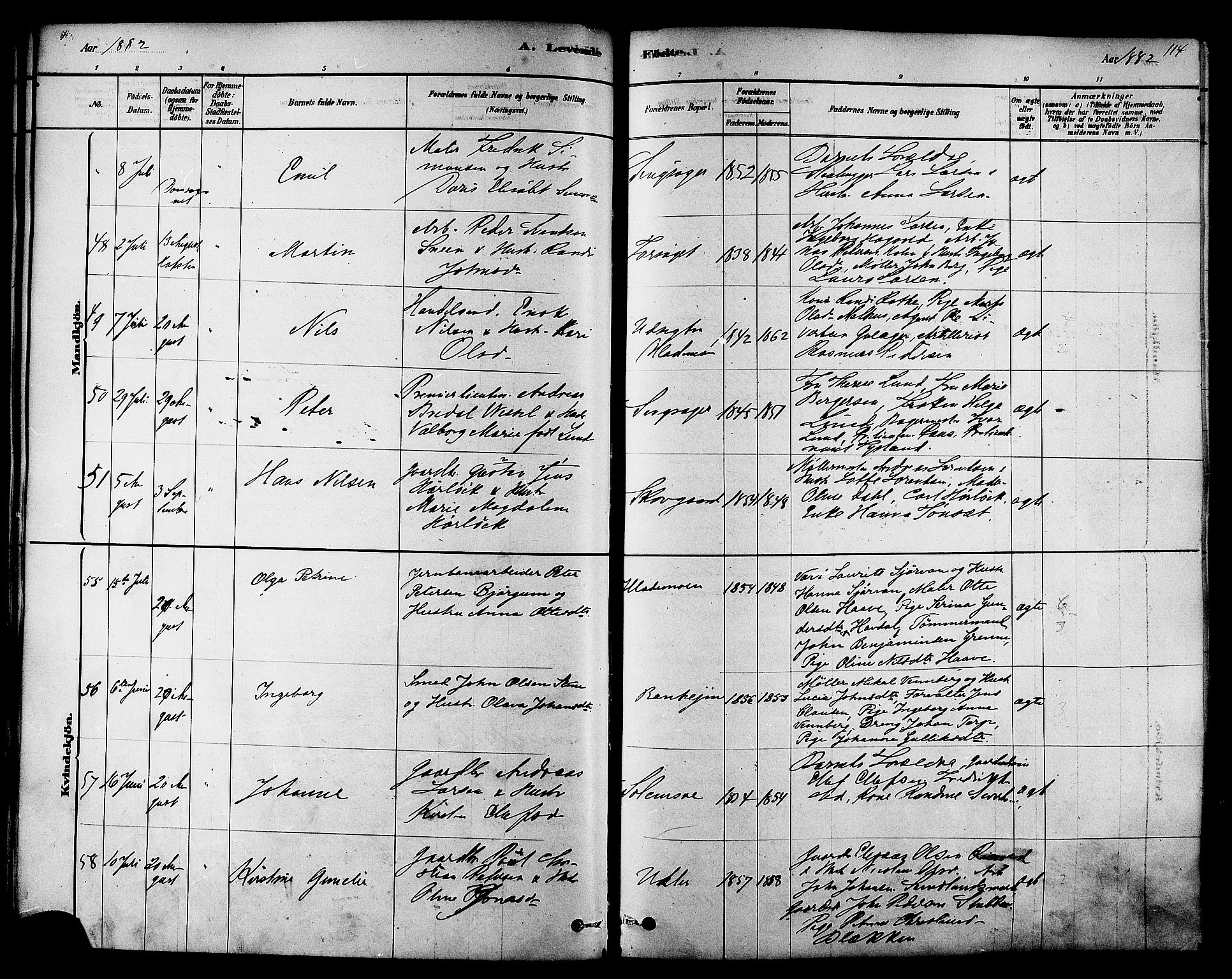 Ministerialprotokoller, klokkerbøker og fødselsregistre - Sør-Trøndelag, AV/SAT-A-1456/606/L0294: Parish register (official) no. 606A09, 1878-1886, p. 114