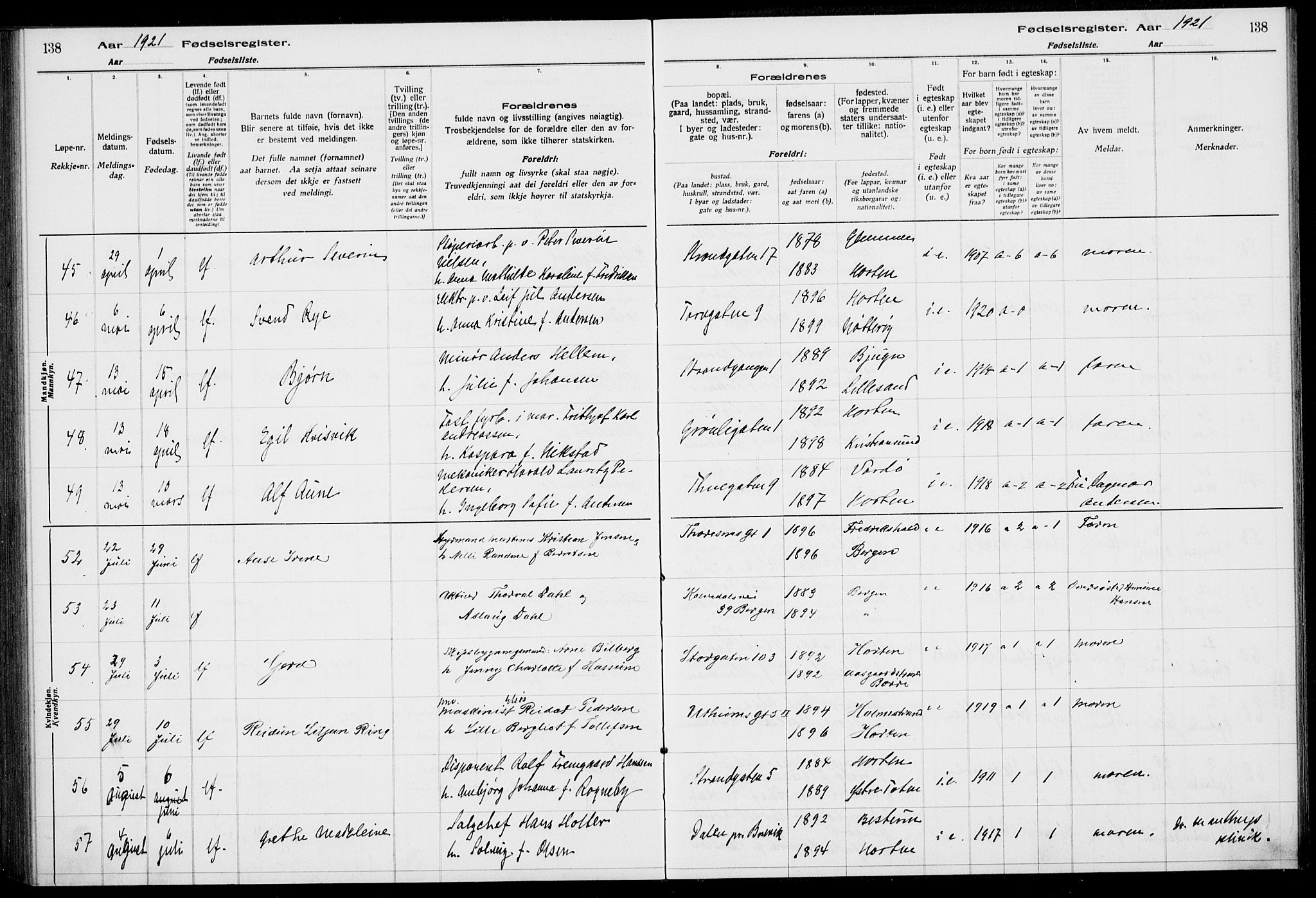 Horten kirkebøker, AV/SAKO-A-348/J/Ja/L0001: Birth register no. 1, 1916-1923, p. 138