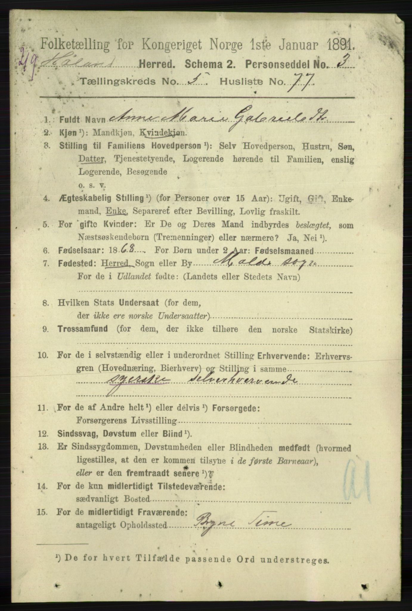 RA, 1891 census for 1124 Haaland, 1891, p. 3782