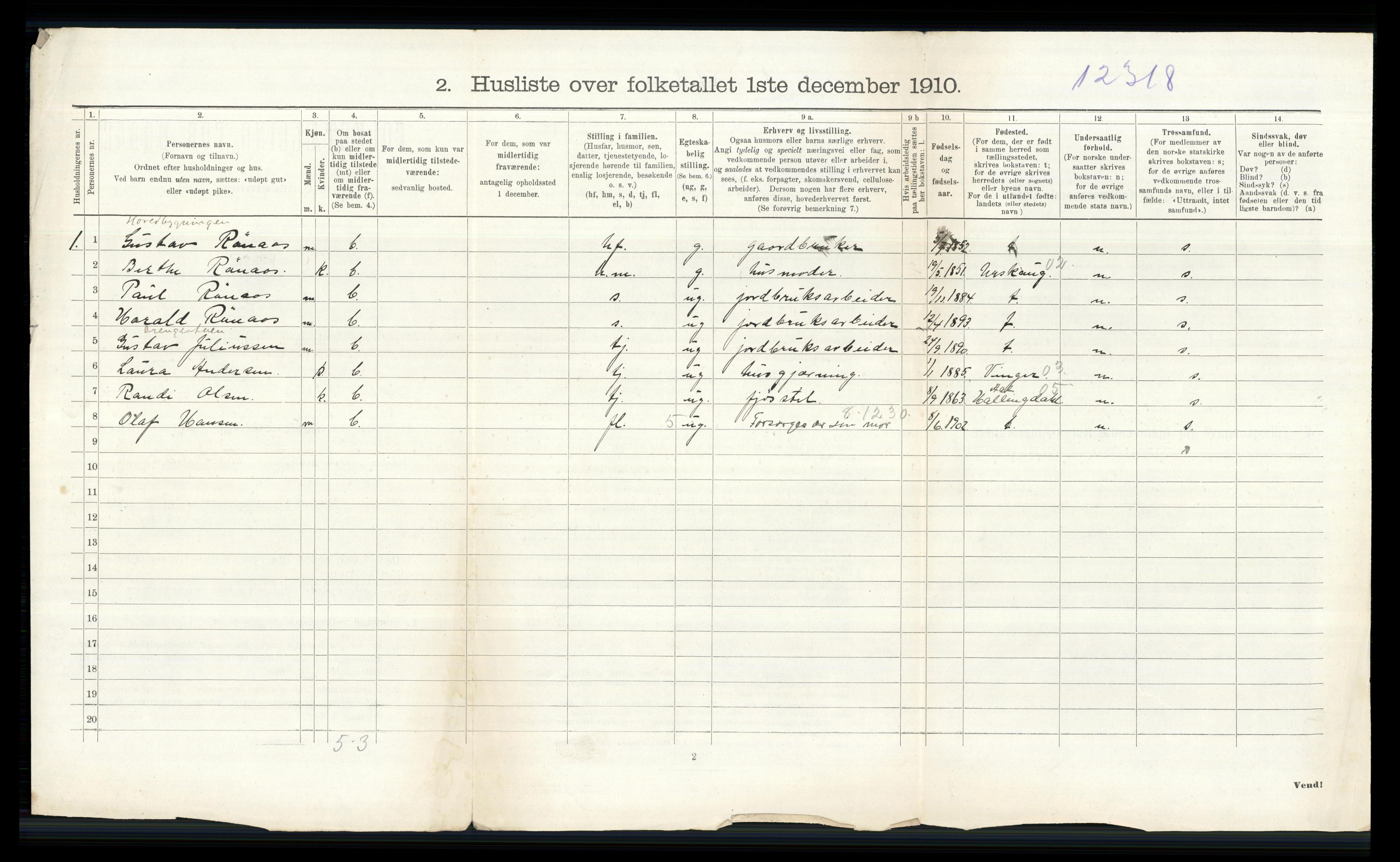 RA, 1910 census for Nes, 1910, p. 2791