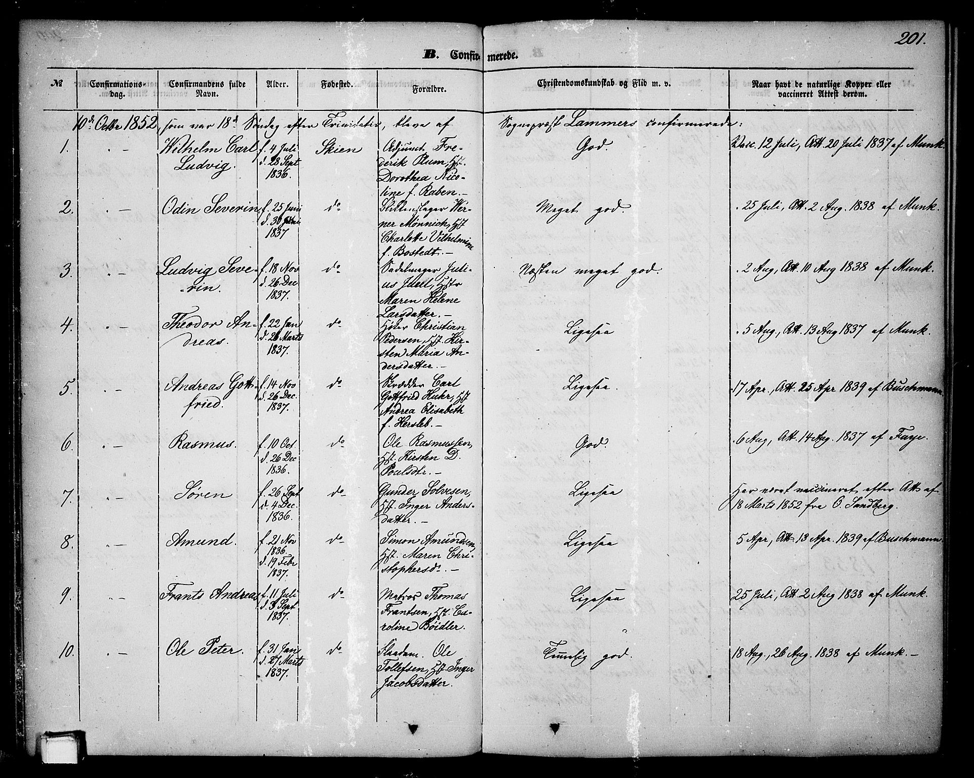 Skien kirkebøker, SAKO/A-302/G/Ga/L0004: Parish register (copy) no. 4, 1843-1867, p. 201