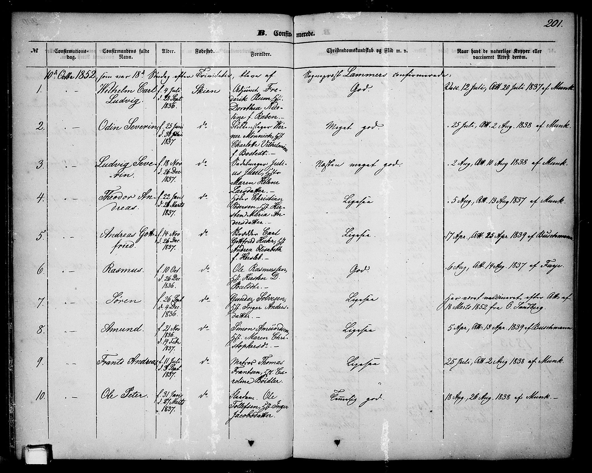 Skien kirkebøker, AV/SAKO-A-302/G/Ga/L0004: Parish register (copy) no. 4, 1843-1867, p. 201