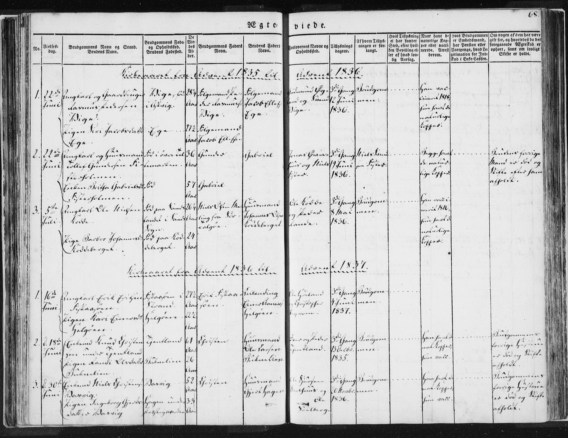 Hjelmeland sokneprestkontor, SAST/A-101843/01/IV/L0007: Parish register (official) no. A 7, 1834-1850, p. 68