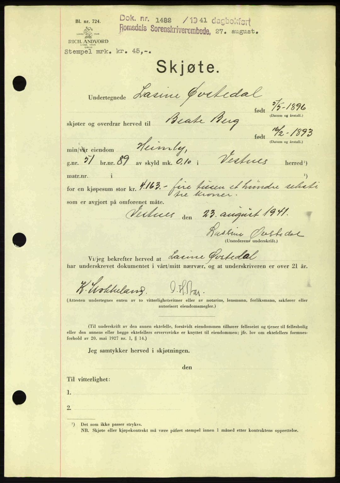 Romsdal sorenskriveri, AV/SAT-A-4149/1/2/2C: Mortgage book no. A10, 1941-1941, Diary no: : 1482/1941