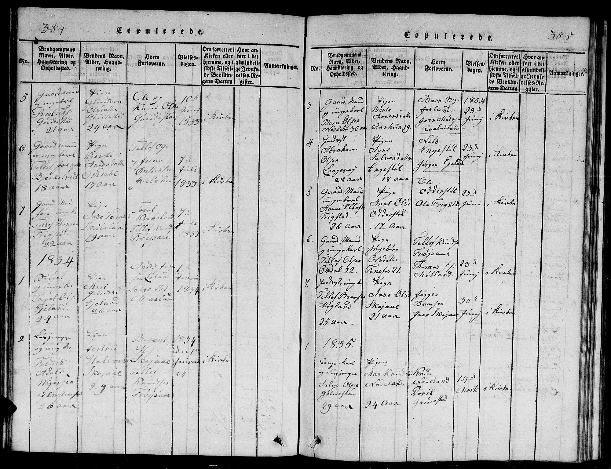 Evje sokneprestkontor, AV/SAK-1111-0008/F/Fb/Fbc/L0001: Parish register (copy) no. B 1, 1816-1836, p. 384-385