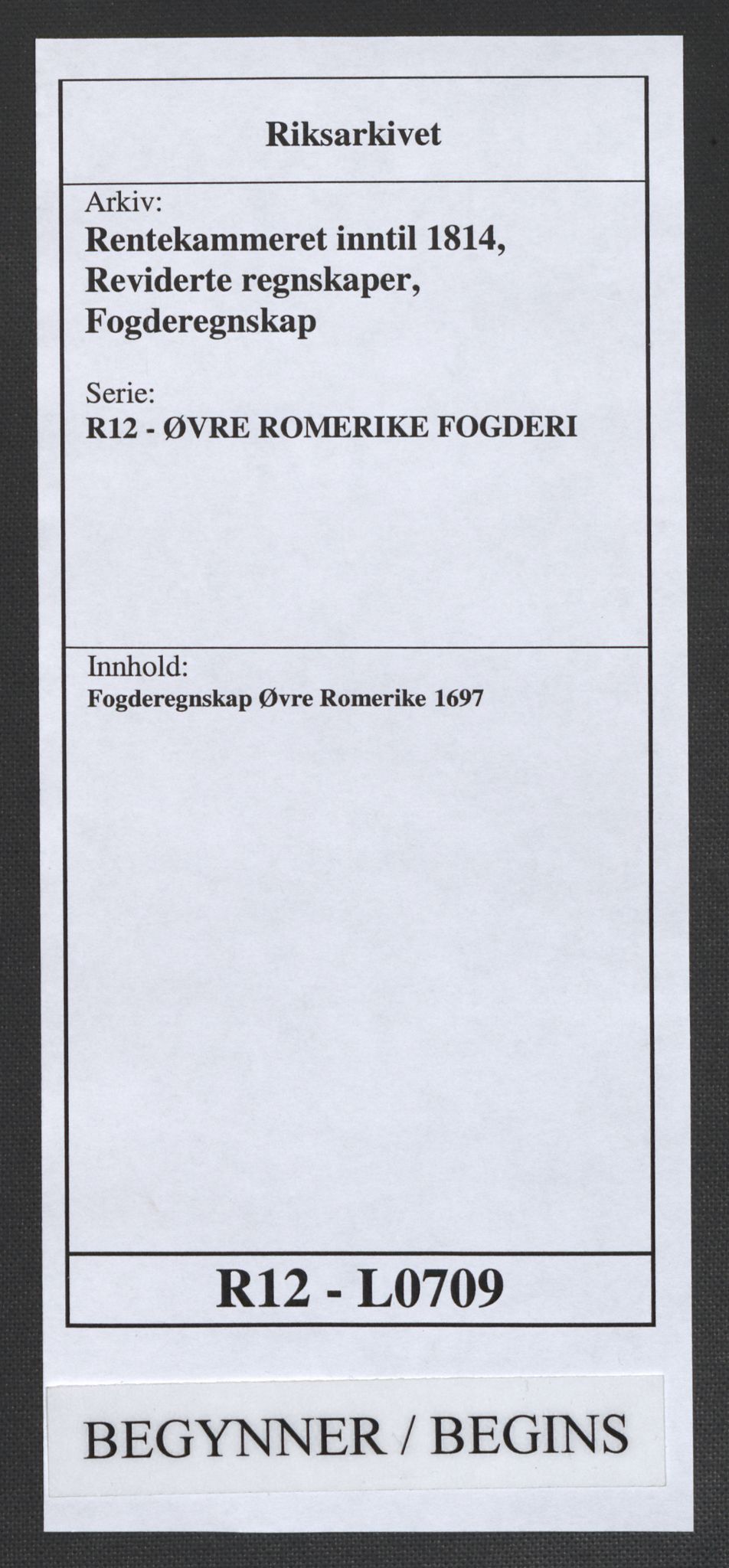 Rentekammeret inntil 1814, Reviderte regnskaper, Fogderegnskap, AV/RA-EA-4092/R12/L0709: Fogderegnskap Øvre Romerike, 1697, p. 1