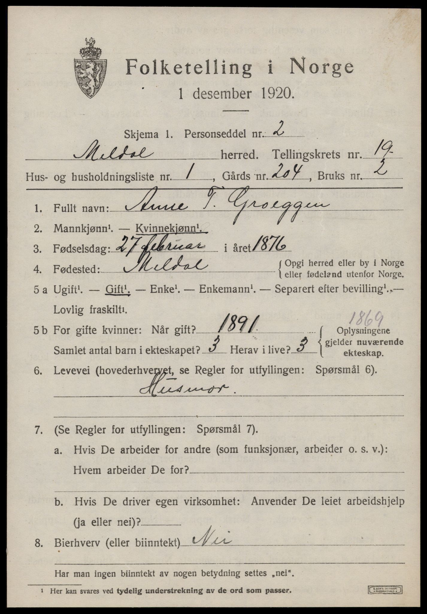 SAT, 1920 census for Meldal, 1920, p. 11731