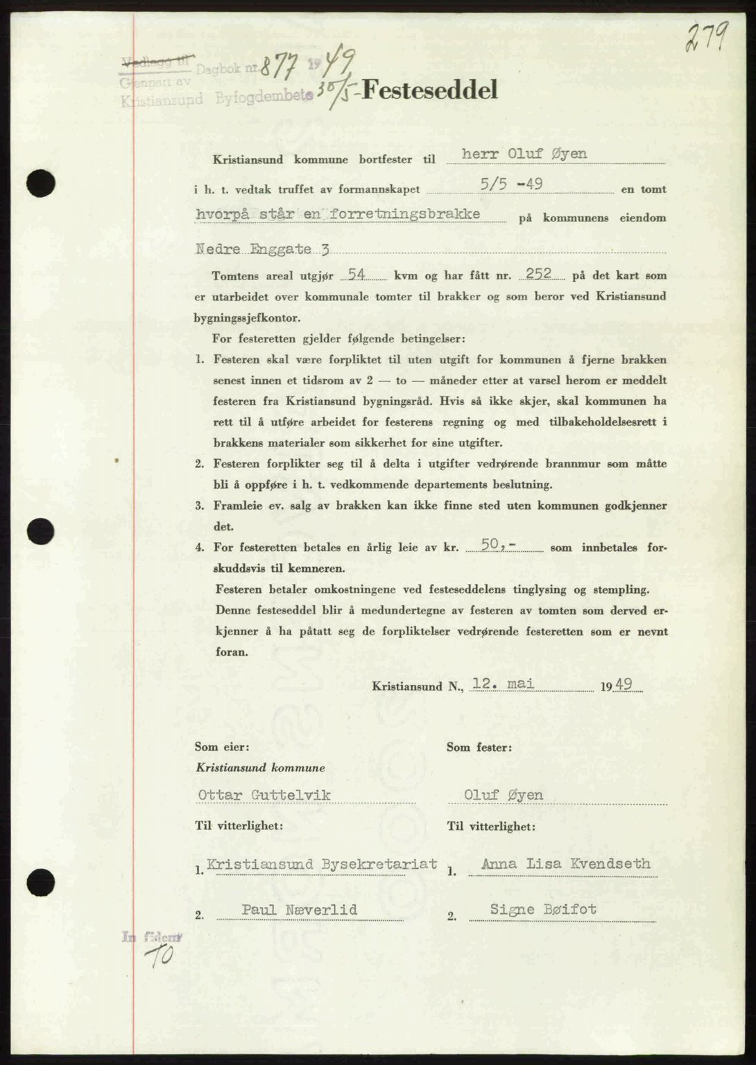 Kristiansund byfogd, AV/SAT-A-4587/A/27: Mortgage book no. 45, 1948-1949, Diary no: : 877/1949