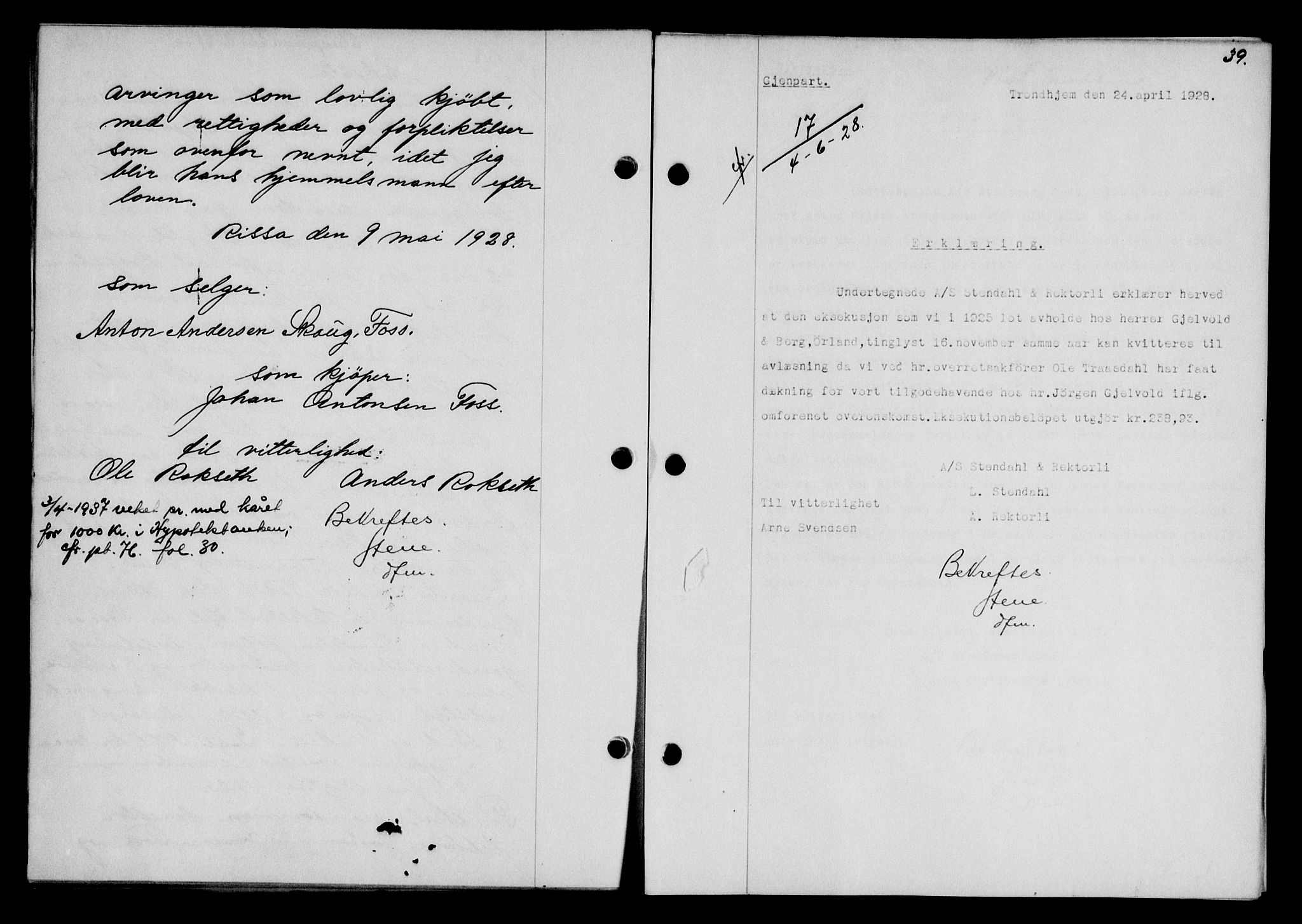 Fosen sorenskriveri, AV/SAT-A-1107/1/2/2C/L0067: Mortgage book no. 58, 1928-1929, p. 39, Deed date: 04.06.1928