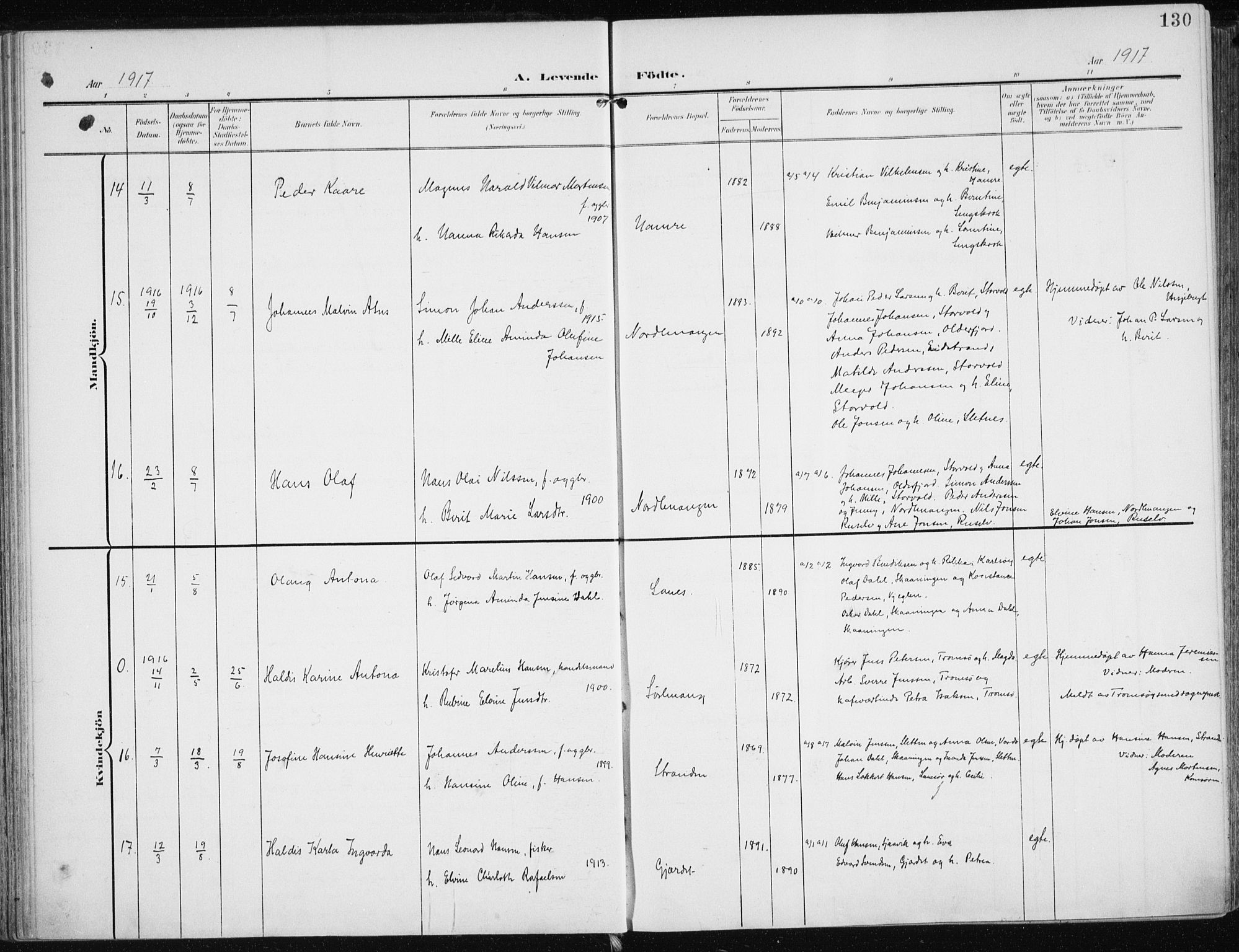 Karlsøy sokneprestembete, AV/SATØ-S-1299/H/Ha/Haa/L0014kirke: Parish register (official) no. 14, 1903-1917, p. 130