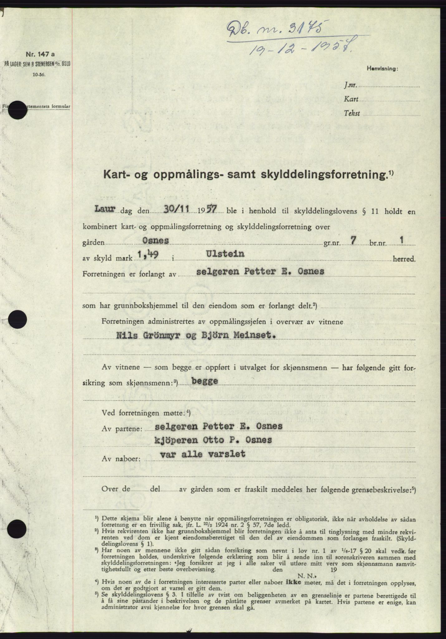 Søre Sunnmøre sorenskriveri, AV/SAT-A-4122/1/2/2C/L0108: Mortgage book no. 34A, 1957-1958, Diary no: : 3175/1957