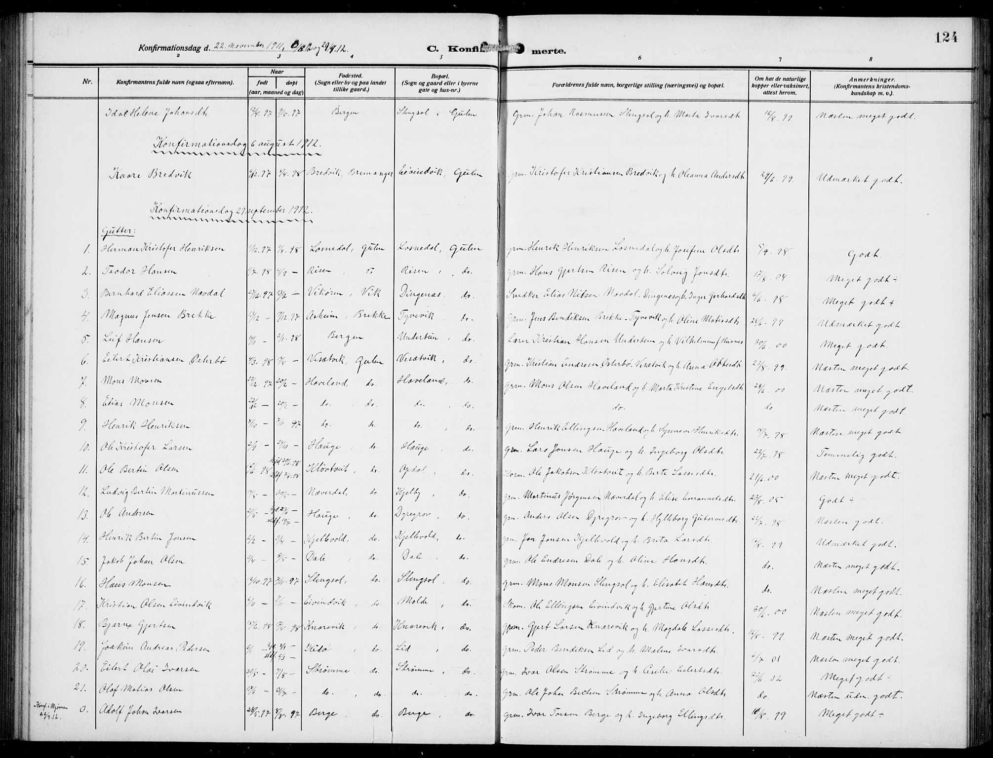 Gulen sokneprestembete, SAB/A-80201/H/Hab/Habb/L0004: Parish register (copy) no. B 4, 1908-1936, p. 124