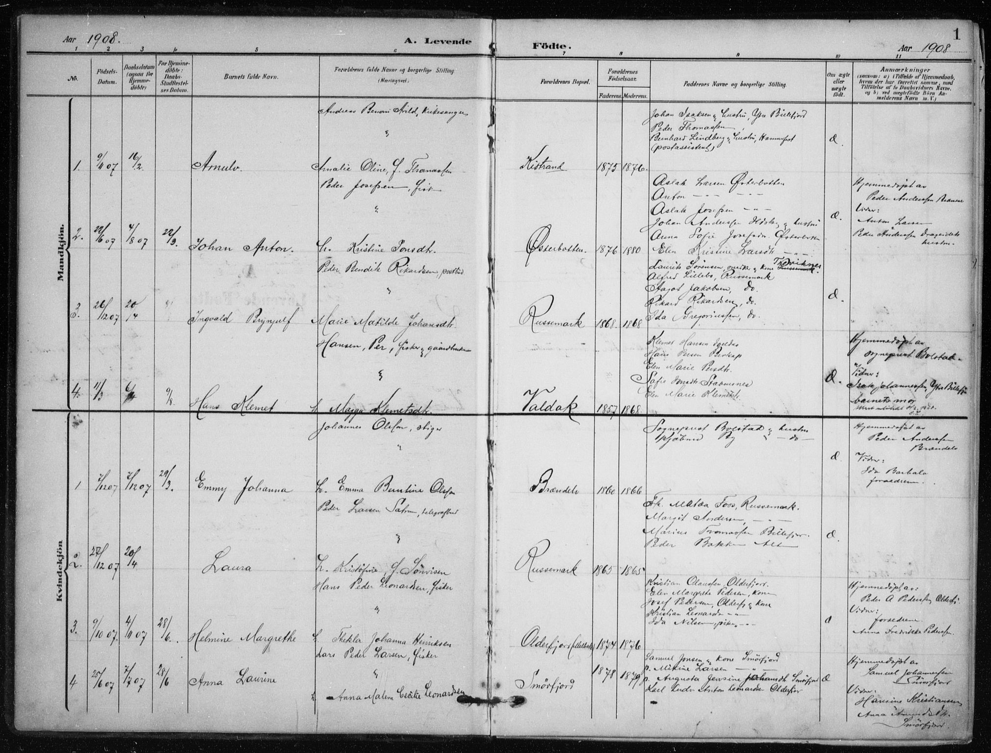 Kistrand/Porsanger sokneprestembete, AV/SATØ-S-1351/H/Ha/L0014.kirke: Parish register (official) no. 14, 1908-1917, p. 1