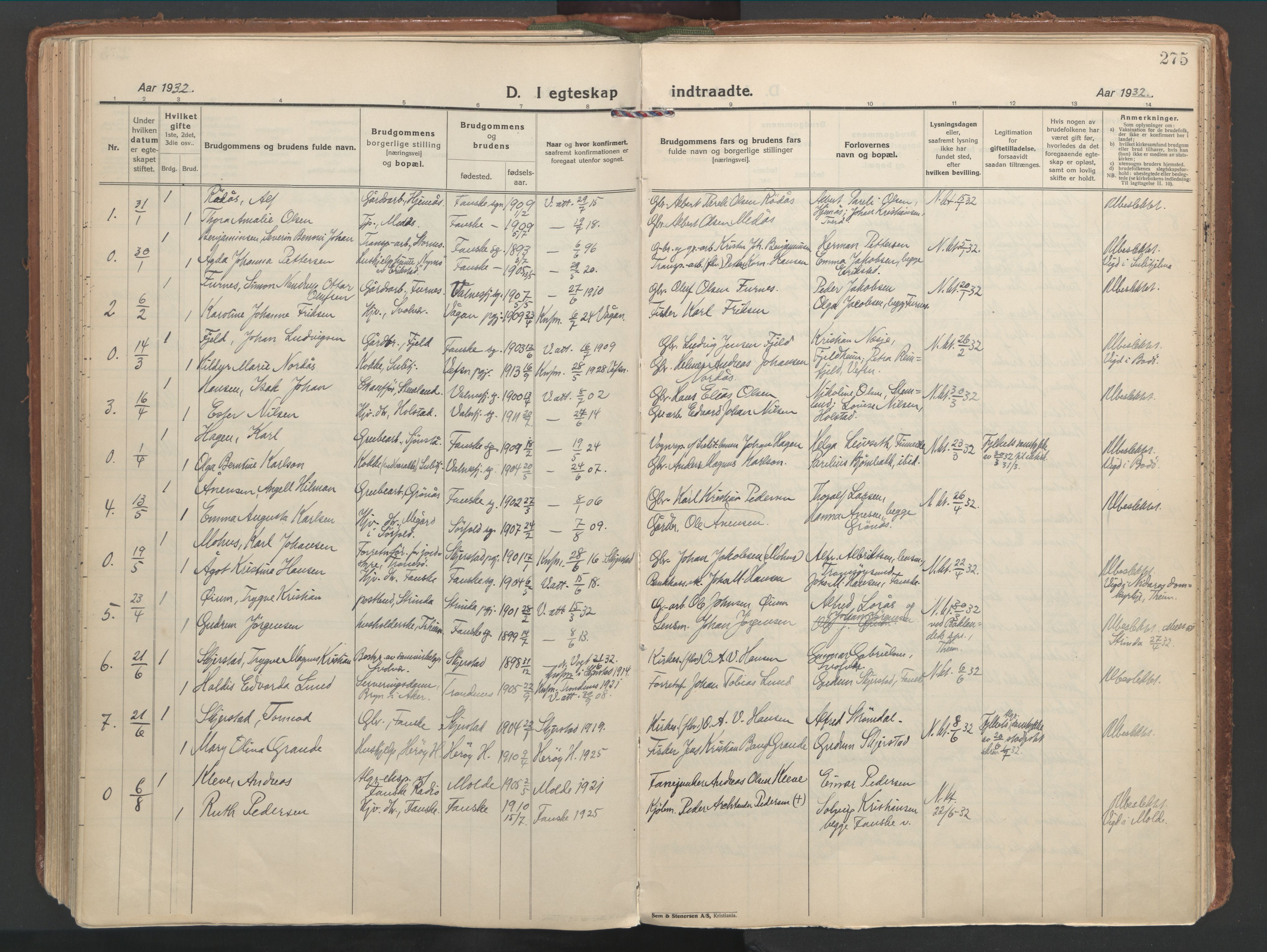 Ministerialprotokoller, klokkerbøker og fødselsregistre - Nordland, SAT/A-1459/849/L0699: Parish register (official) no. 849A10, 1924-1937, p. 275