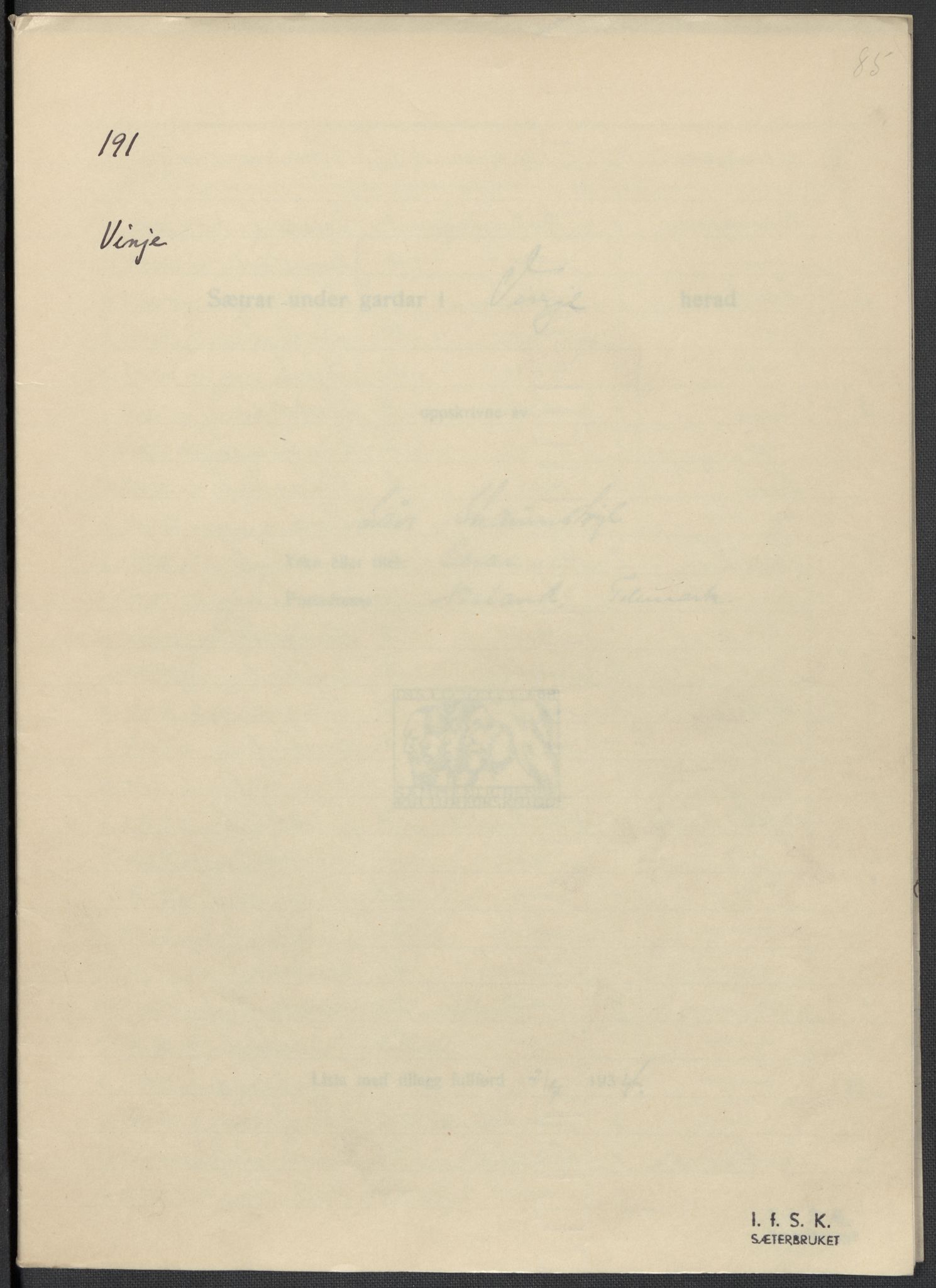 Instituttet for sammenlignende kulturforskning, RA/PA-0424/F/Fc/L0007/0003: Eske B7: / Telemark (perm XVIII), 1934, p. 85