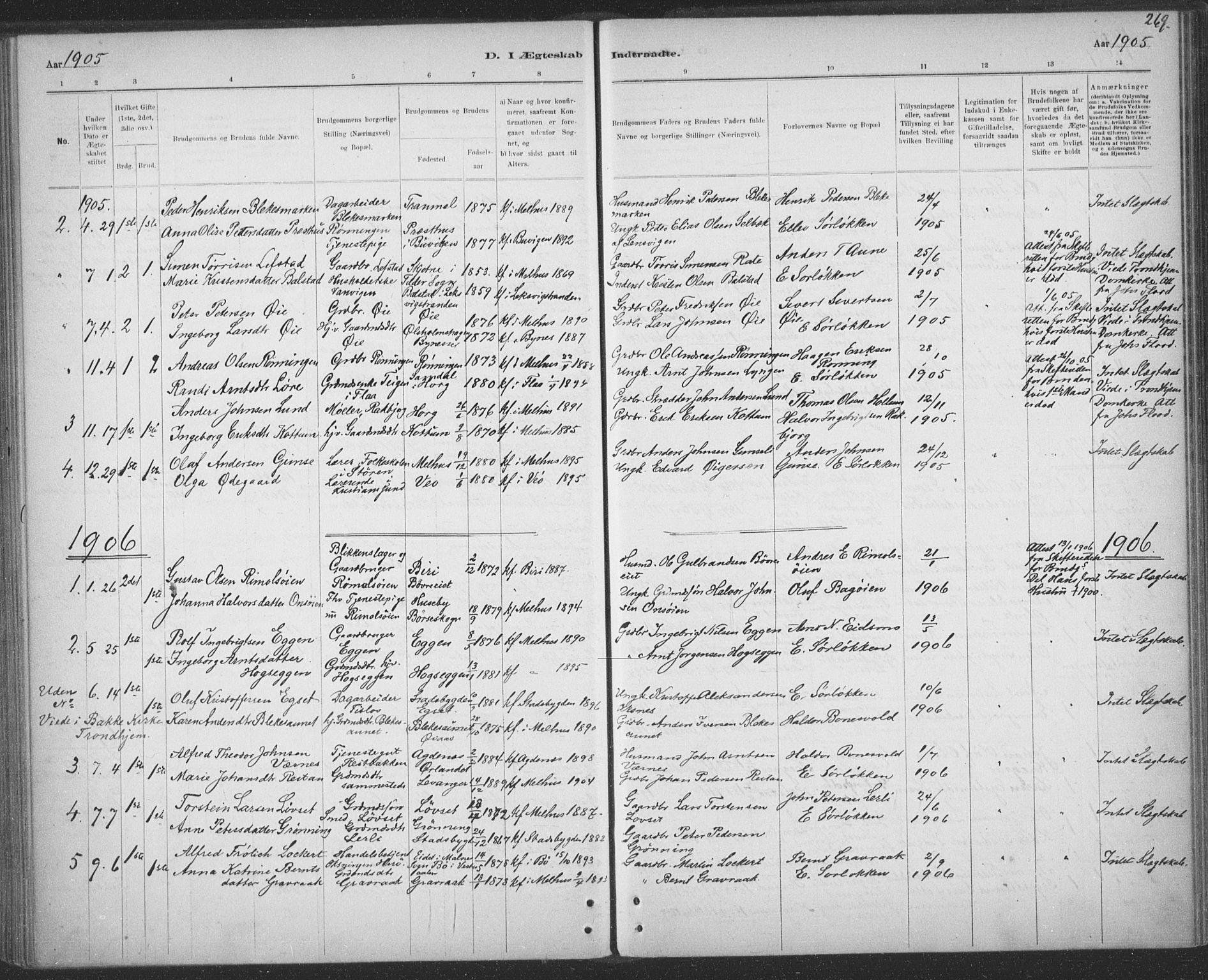 Ministerialprotokoller, klokkerbøker og fødselsregistre - Sør-Trøndelag, AV/SAT-A-1456/691/L1085: Parish register (official) no. 691A17, 1887-1908, p. 269