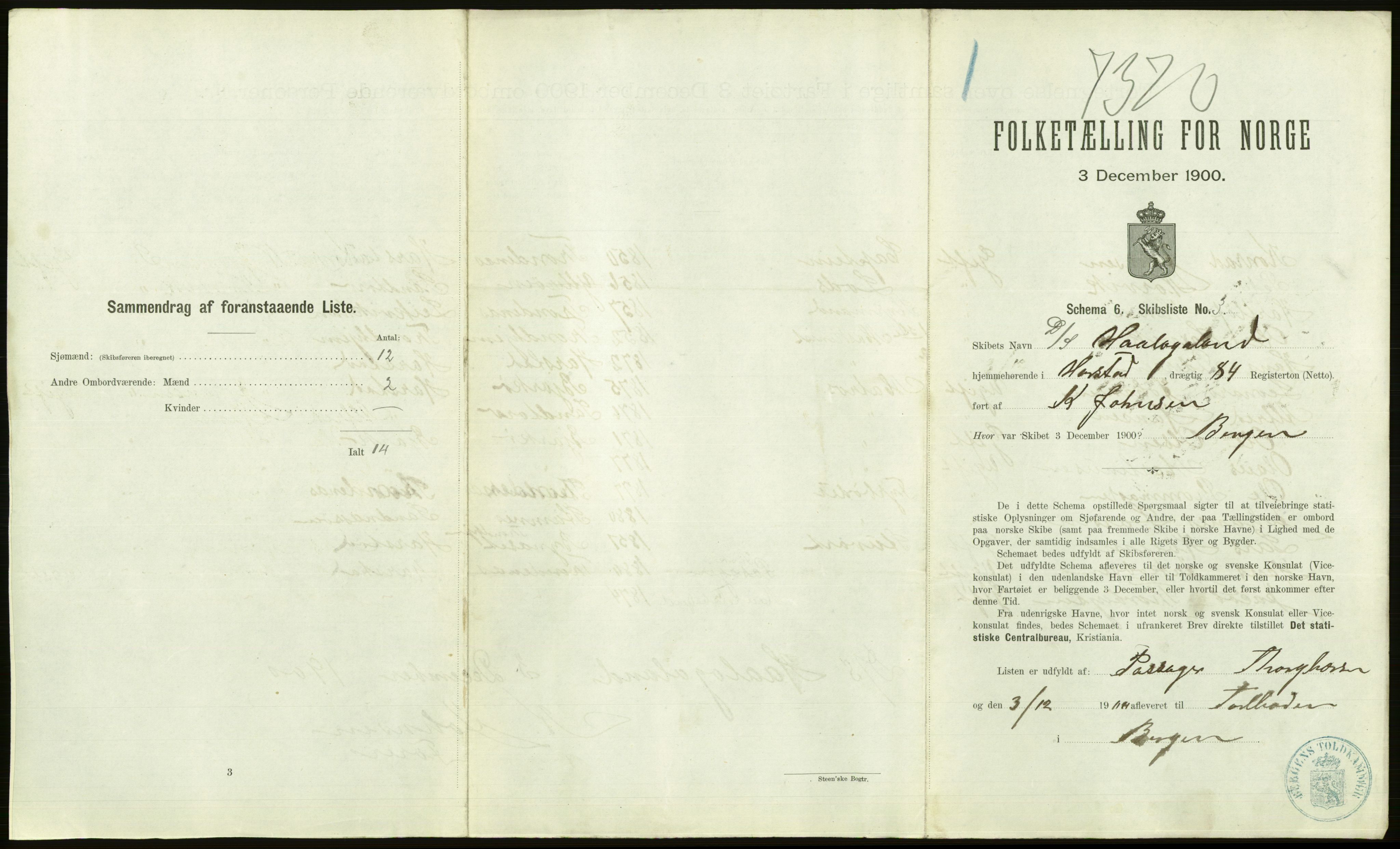 RA, 1900 Census - ship lists from ships in Norwegian harbours, harbours abroad and at sea, 1900, p. 1175