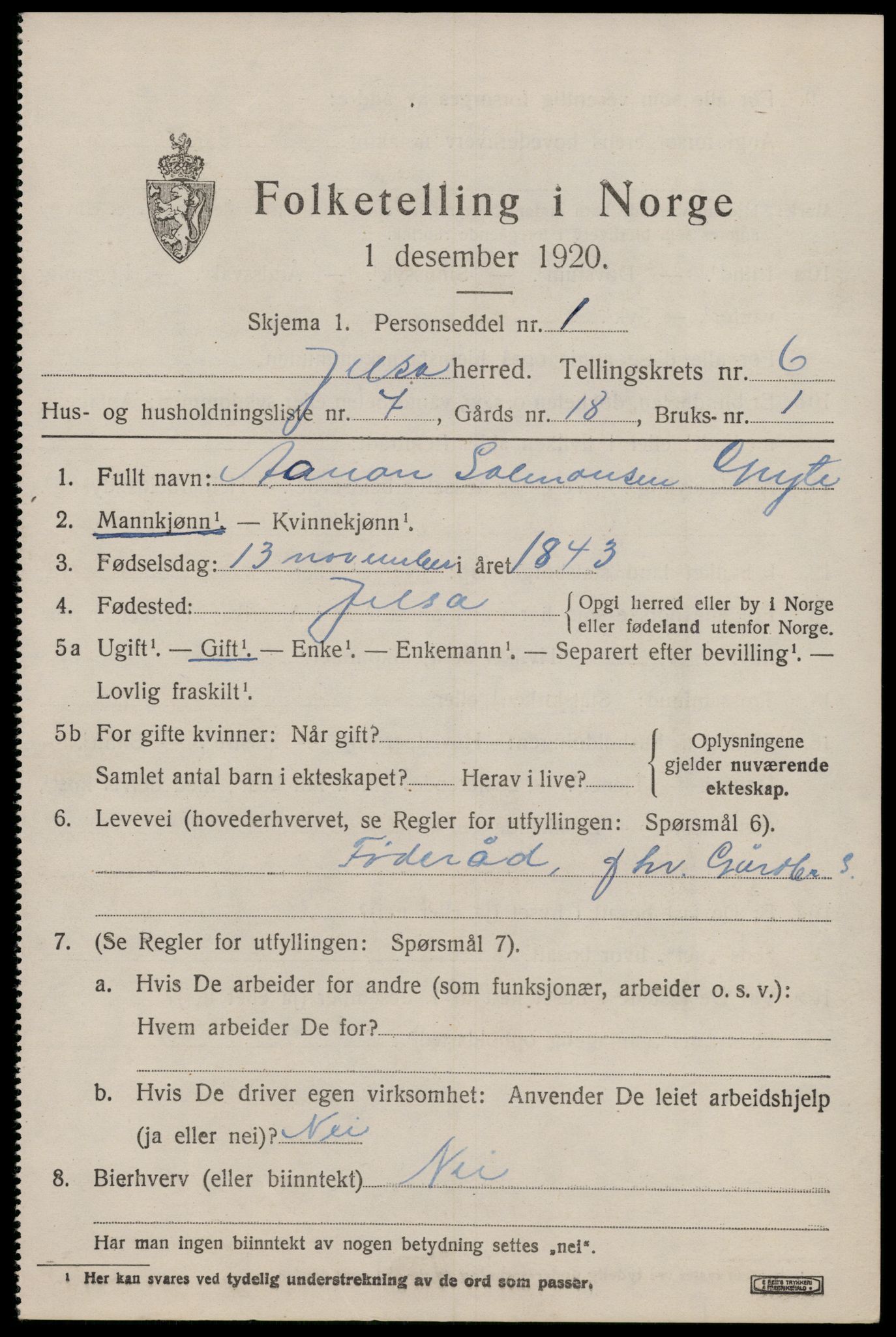 SAST, 1920 census for Jelsa, 1920, p. 1692