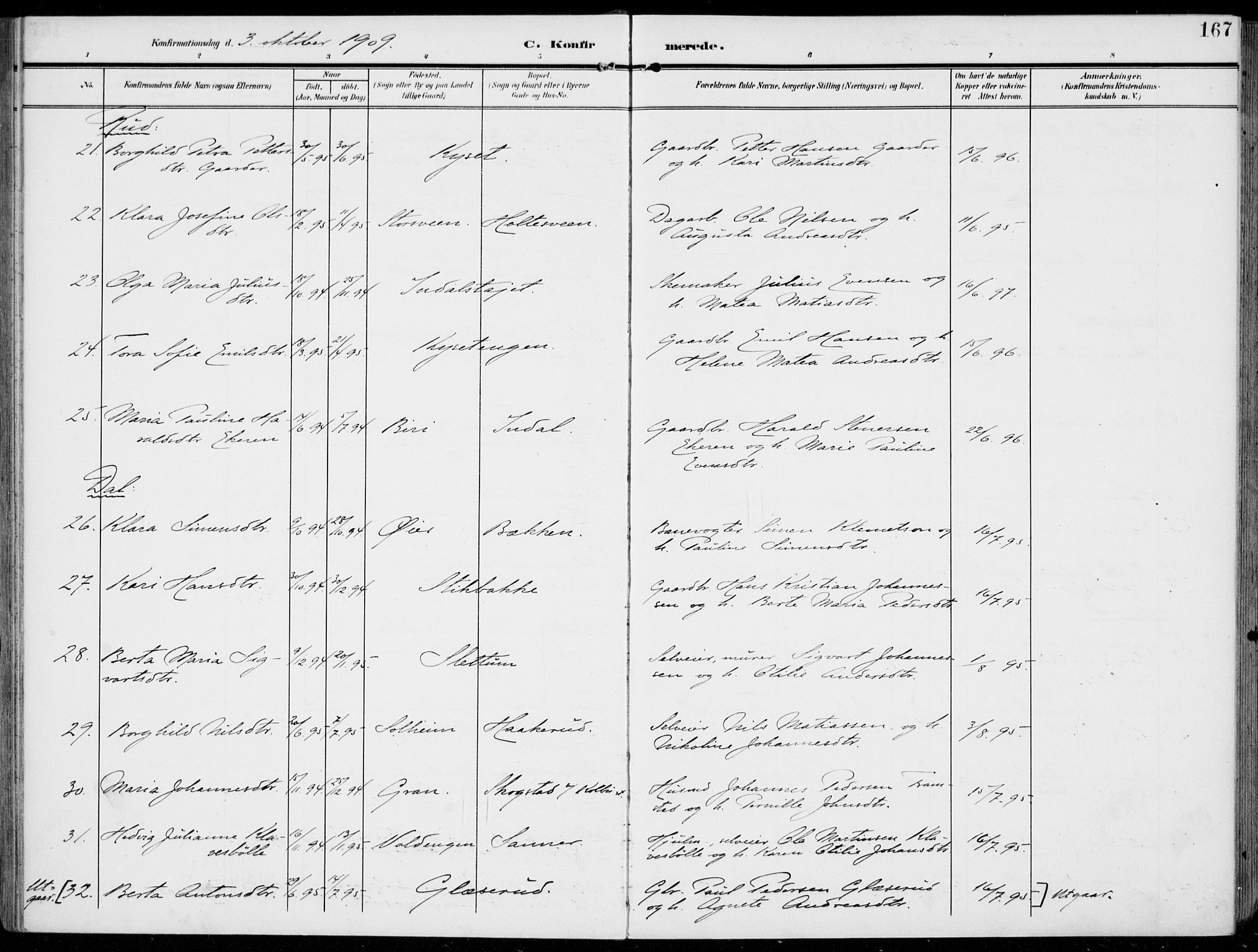 Vestre Toten prestekontor, AV/SAH-PREST-108/H/Ha/Haa/L0014: Parish register (official) no. 14, 1907-1920, p. 167