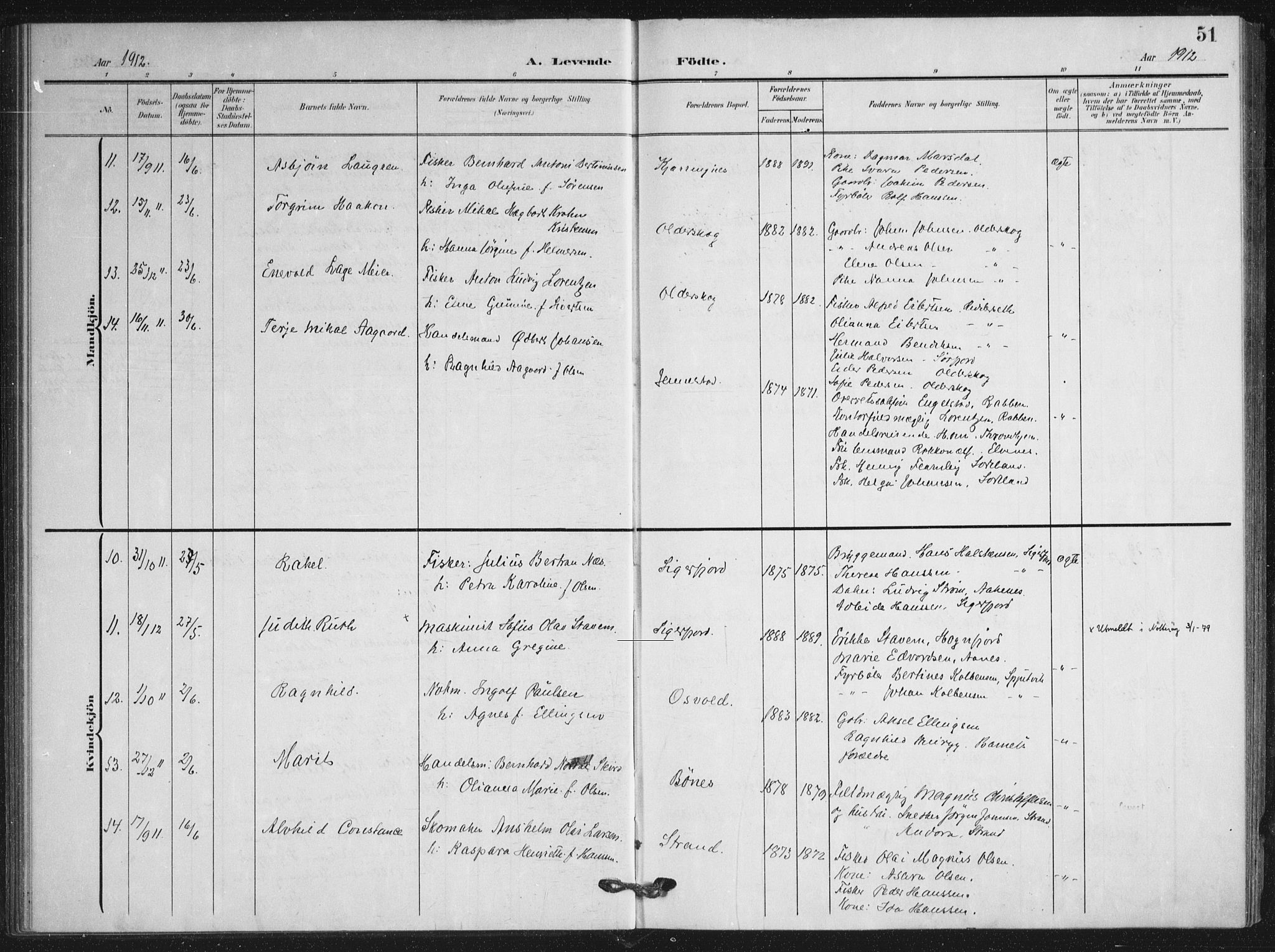 Ministerialprotokoller, klokkerbøker og fødselsregistre - Nordland, AV/SAT-A-1459/895/L1373: Parish register (official) no. 895A08, 1905-1915, p. 51