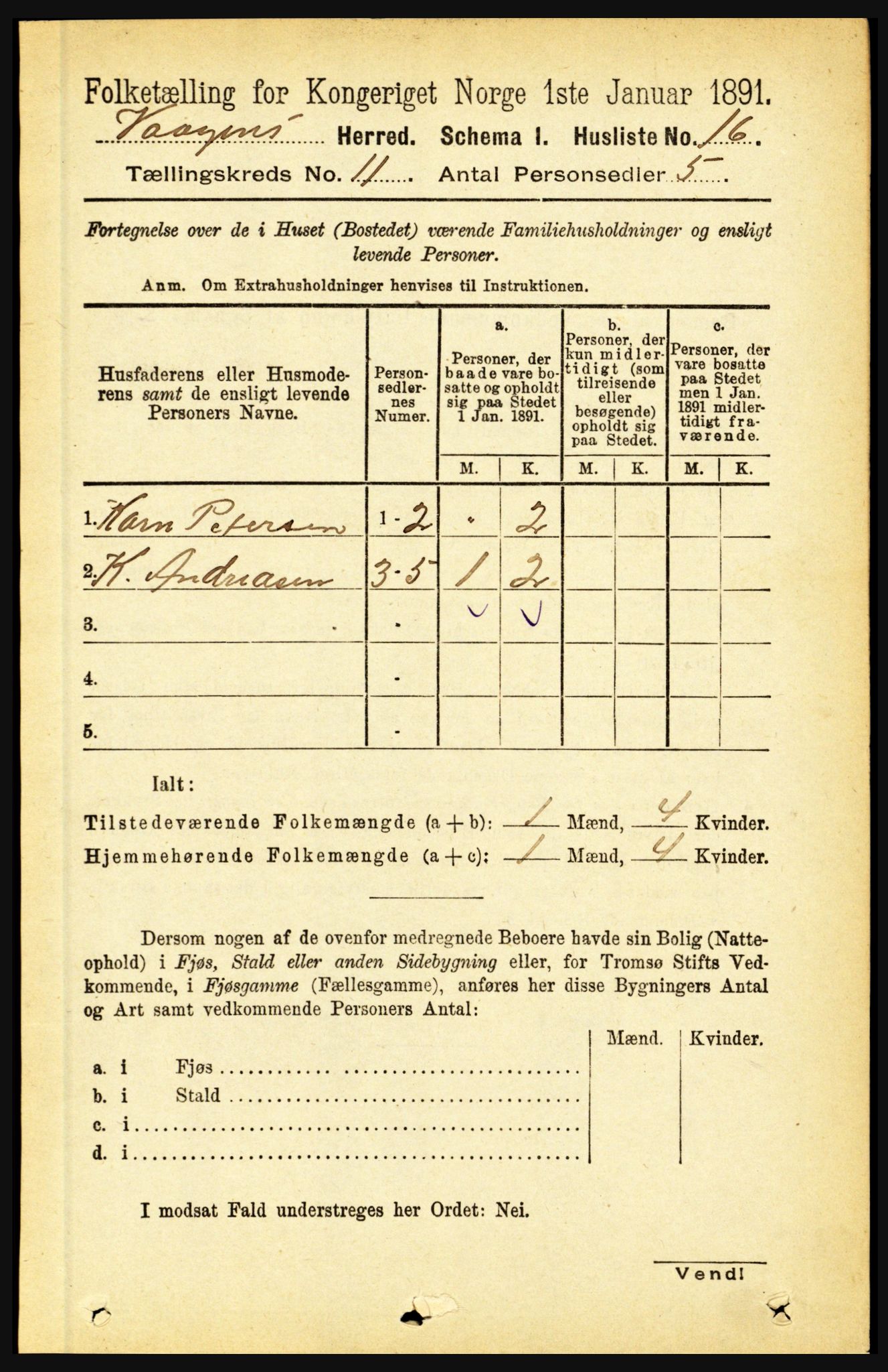 RA, 1891 census for 1865 Vågan, 1891, p. 2725