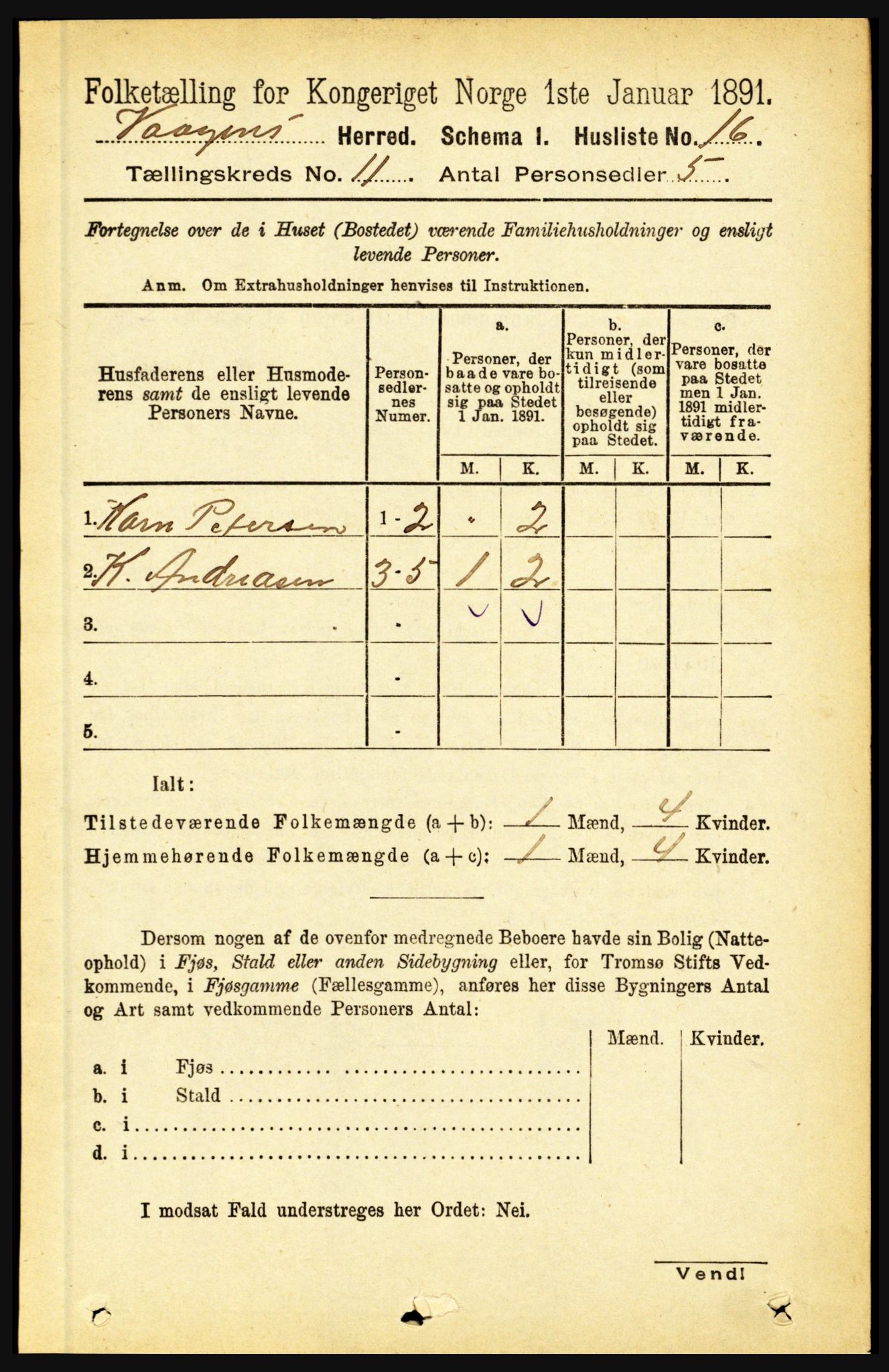 RA, 1891 census for 1865 Vågan, 1891, p. 2725