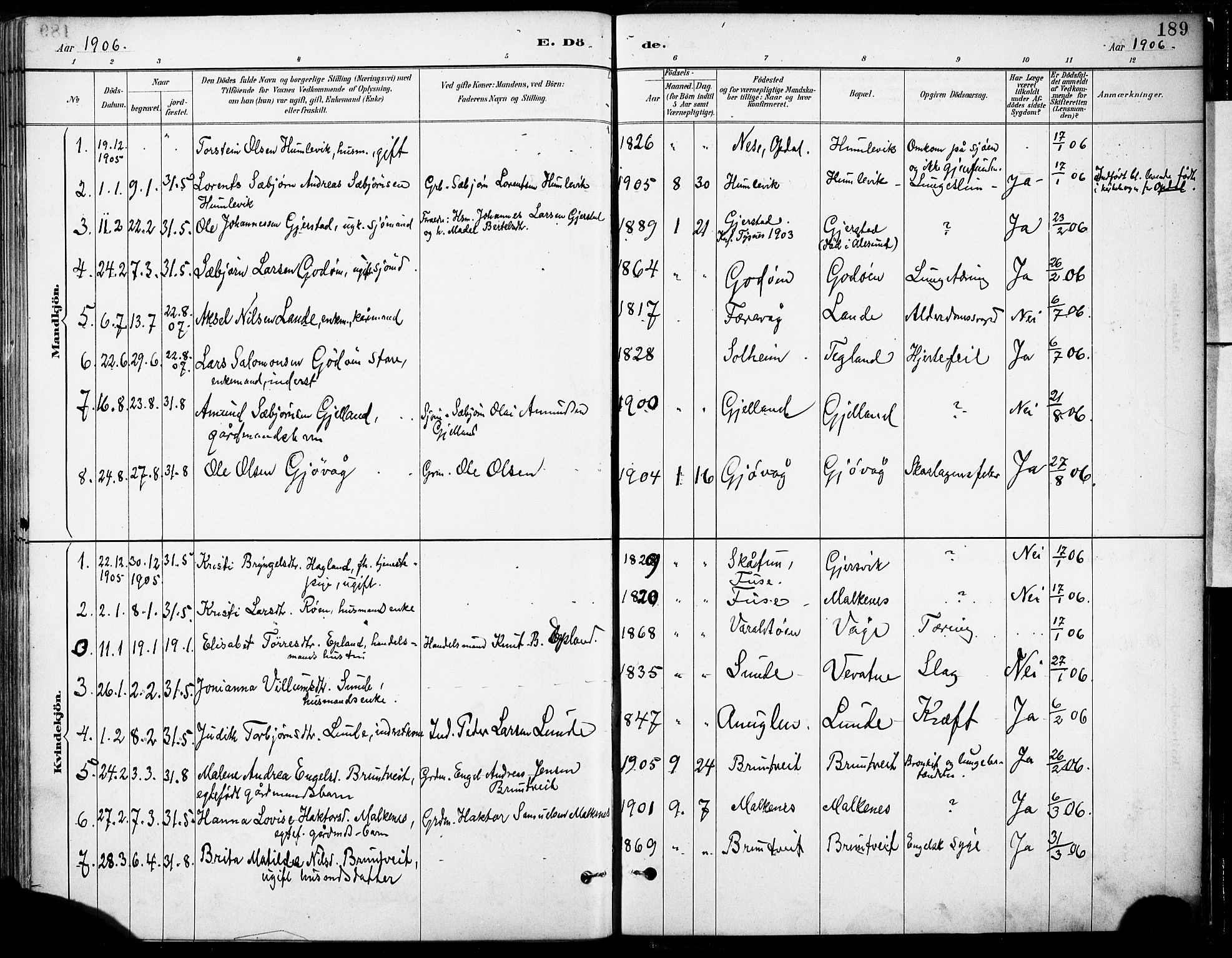 Tysnes sokneprestembete, SAB/A-78601/H/Haa: Parish register (official) no. B 1, 1887-1906, p. 189