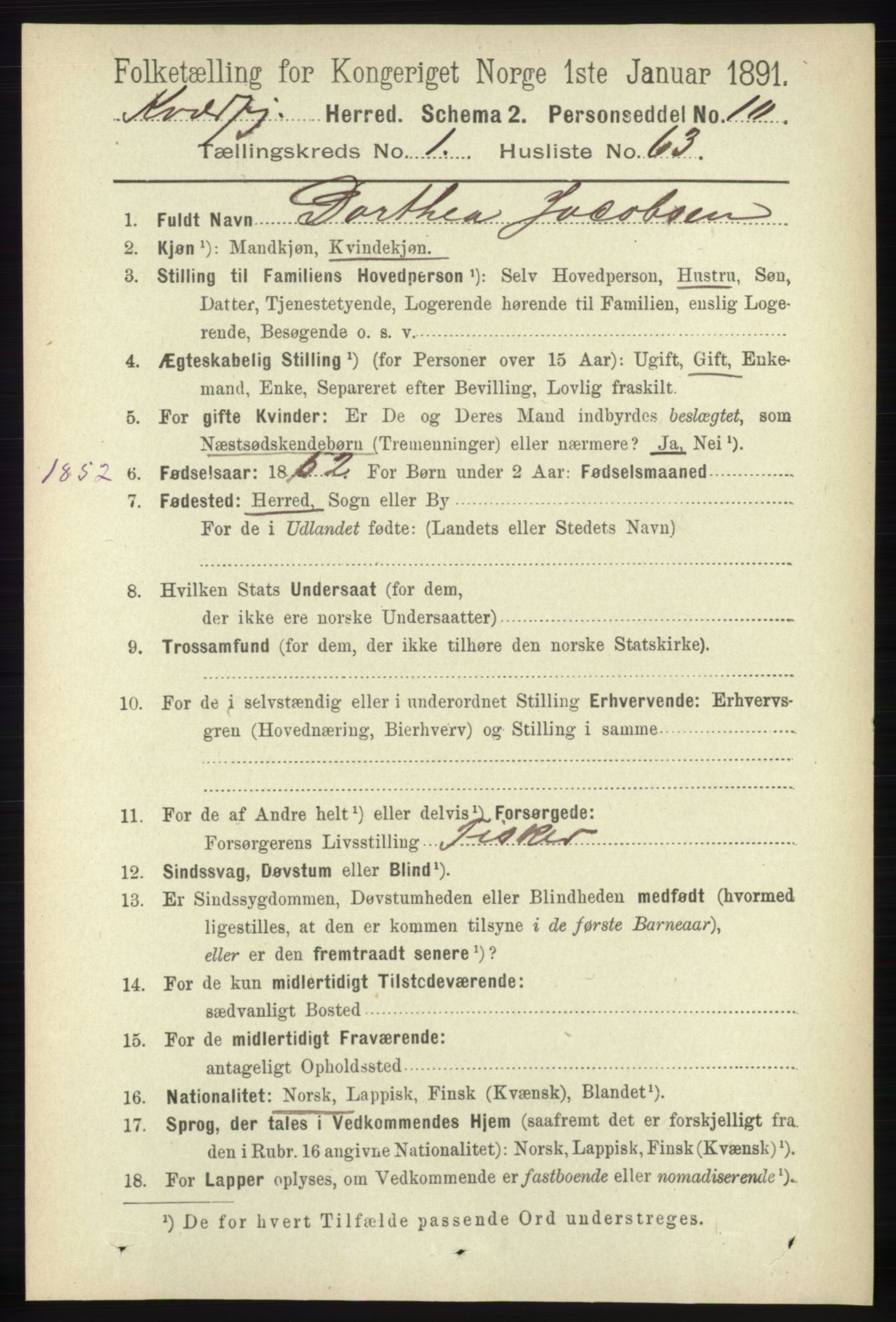 RA, 1891 census for 1911 Kvæfjord, 1891, p. 537