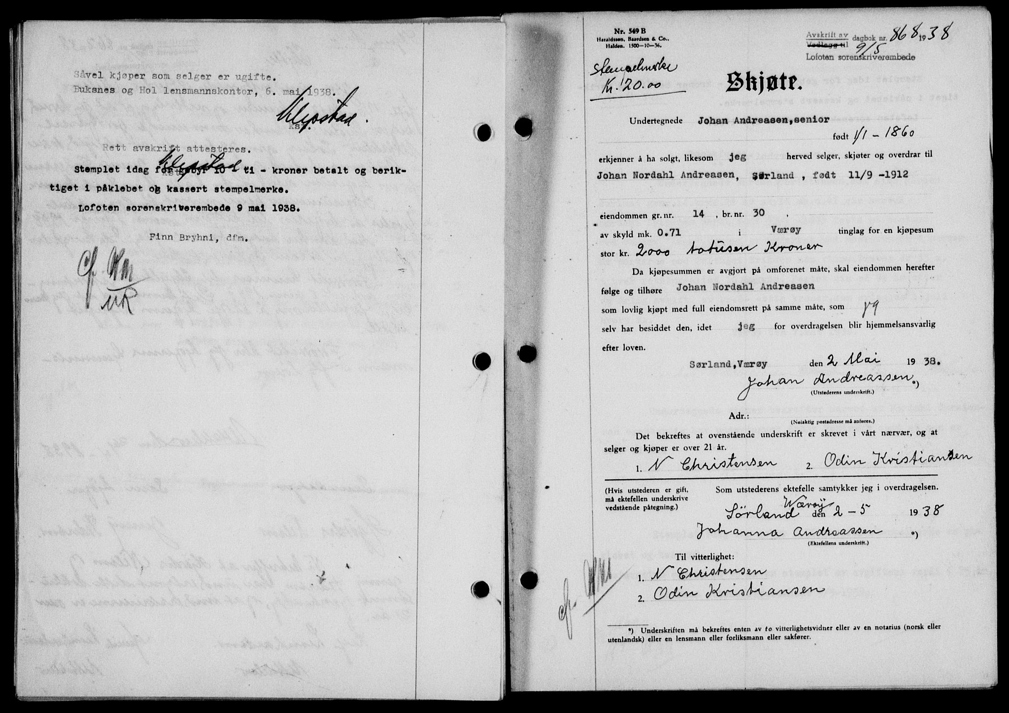 Lofoten sorenskriveri, SAT/A-0017/1/2/2C/L0004a: Mortgage book no. 4a, 1938-1938, Diary no: : 868/1938