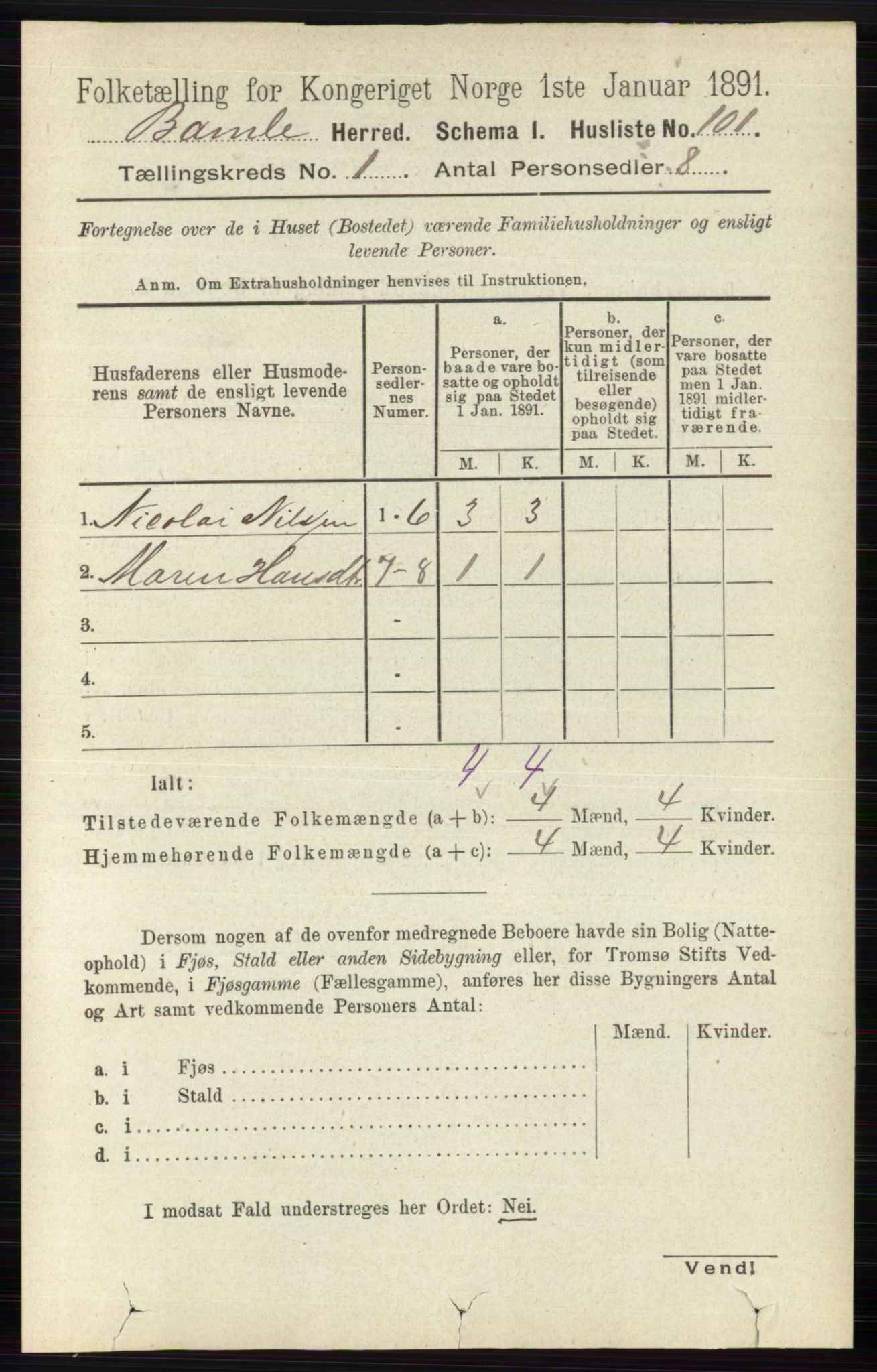 RA, 1891 census for 0814 Bamble, 1891, p. 134