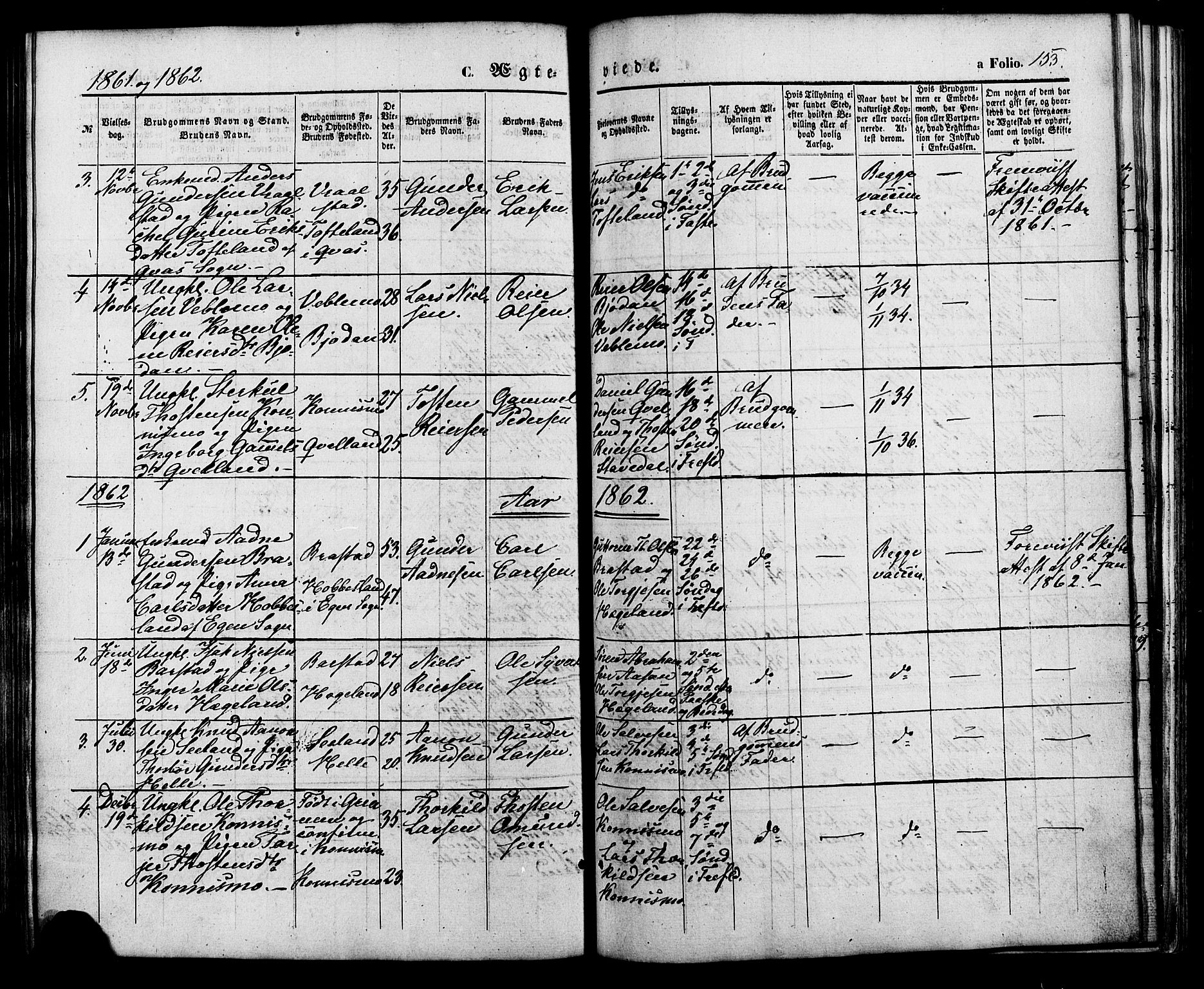 Nord-Audnedal sokneprestkontor, AV/SAK-1111-0032/F/Fa/Faa/L0002: Parish register (official) no. A 2, 1857-1882, p. 153