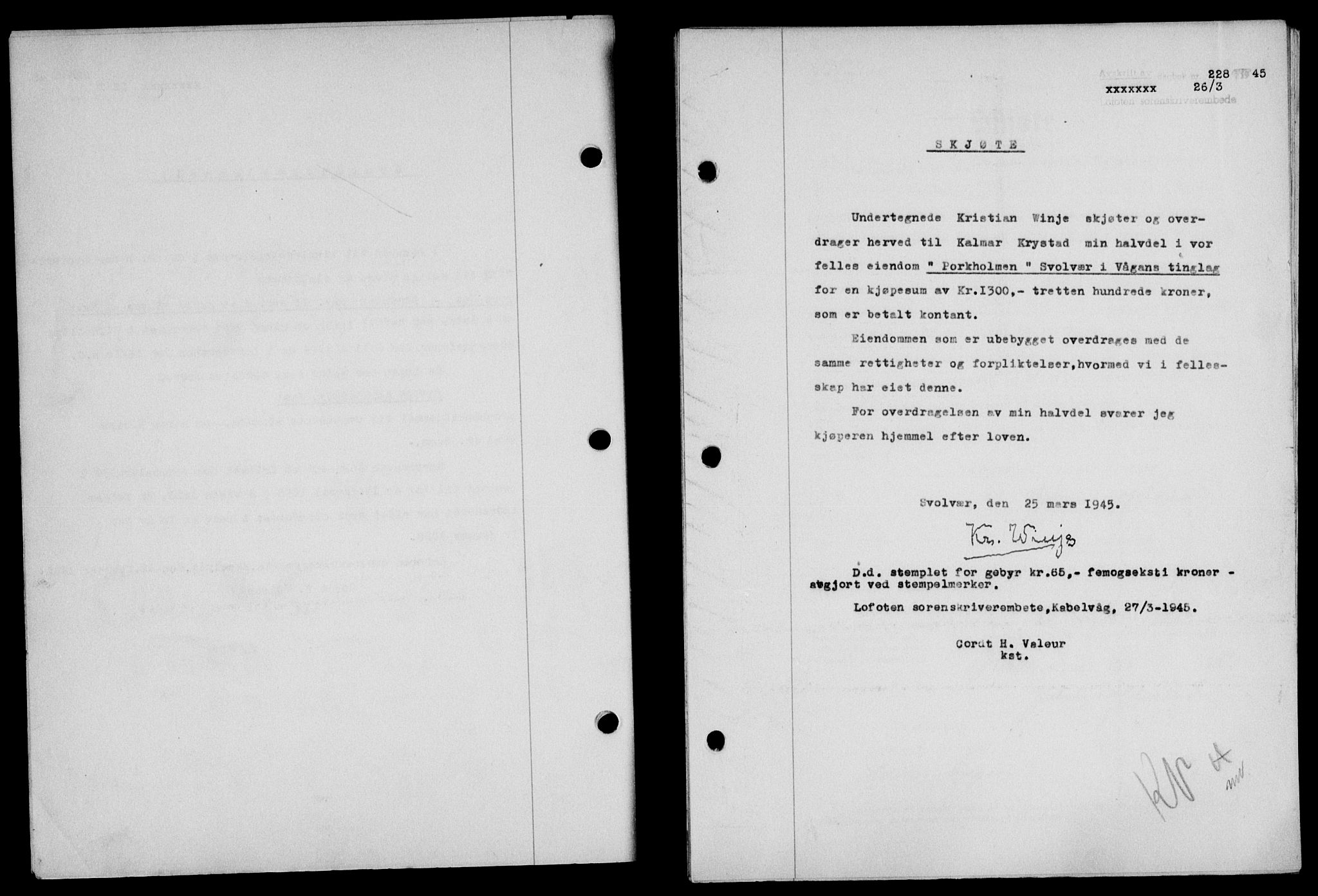 Lofoten sorenskriveri, SAT/A-0017/1/2/2C/L0013a: Mortgage book no. 13a, 1944-1946, Diary no: : 228/1945