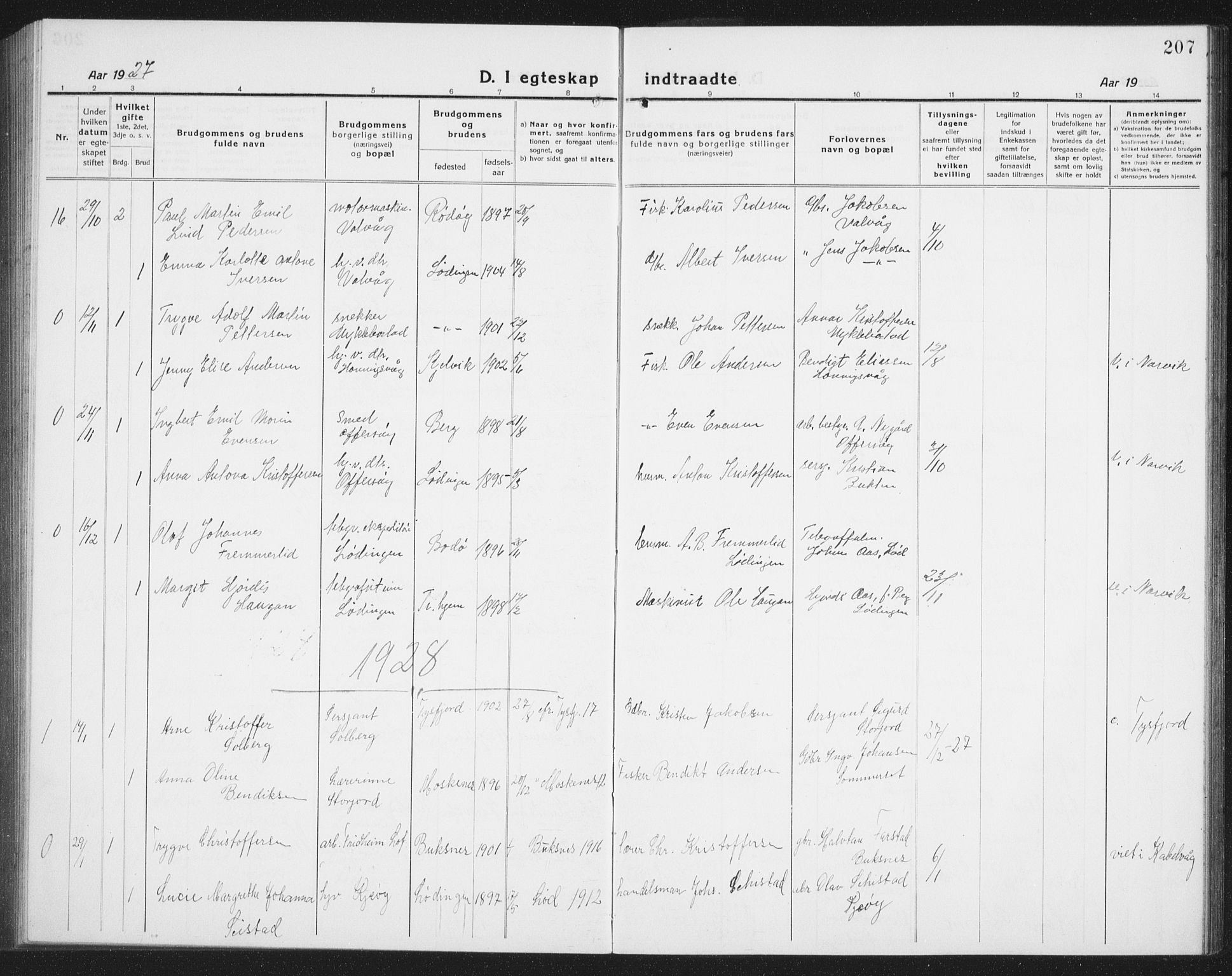 Ministerialprotokoller, klokkerbøker og fødselsregistre - Nordland, AV/SAT-A-1459/872/L1049: Parish register (copy) no. 872C05, 1920-1938, p. 207