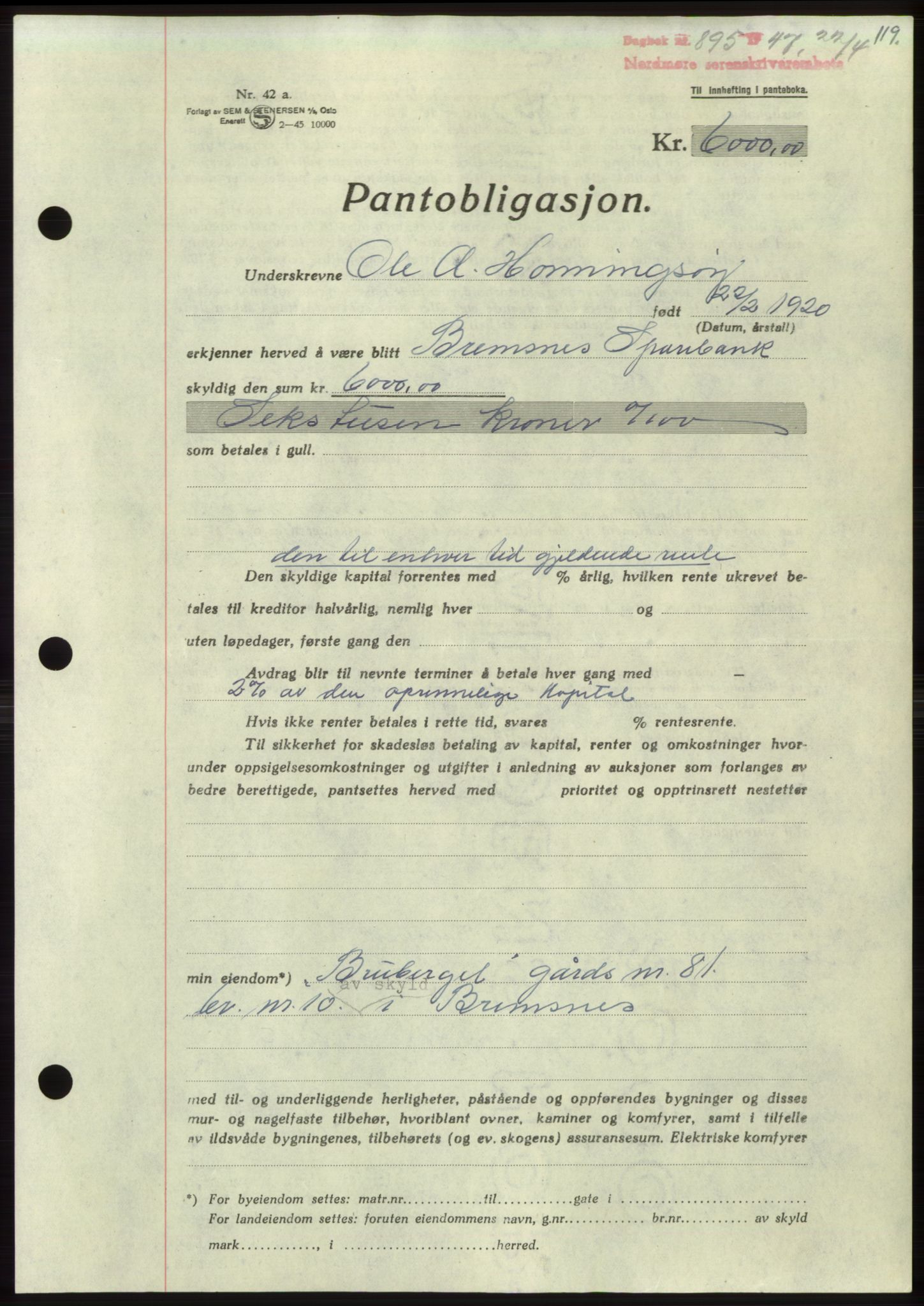 Nordmøre sorenskriveri, AV/SAT-A-4132/1/2/2Ca: Mortgage book no. B96, 1947-1947, Diary no: : 895/1947