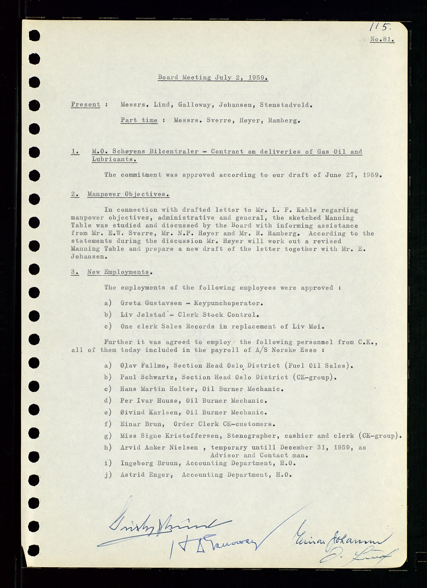 Pa 0982 - Esso Norge A/S, AV/SAST-A-100448/A/Aa/L0001/0001: Den administrerende direksjon Board minutes (styrereferater) / Den administrerende direksjon Board minutes (styrereferater), 1958-1959, p. 115