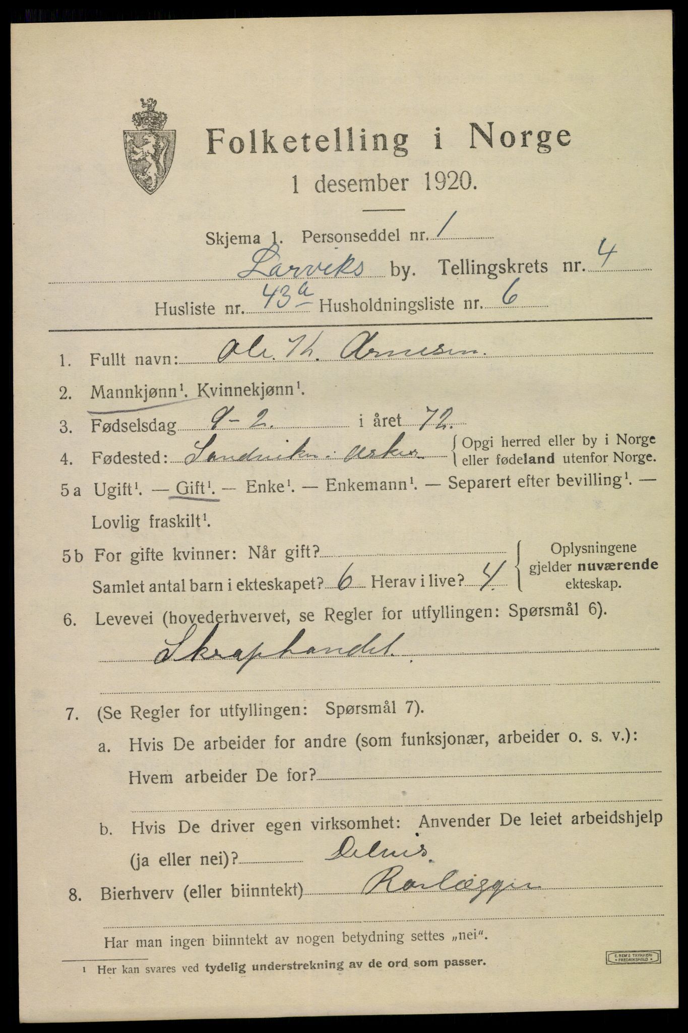 SAKO, 1920 census for Larvik, 1920, p. 14194