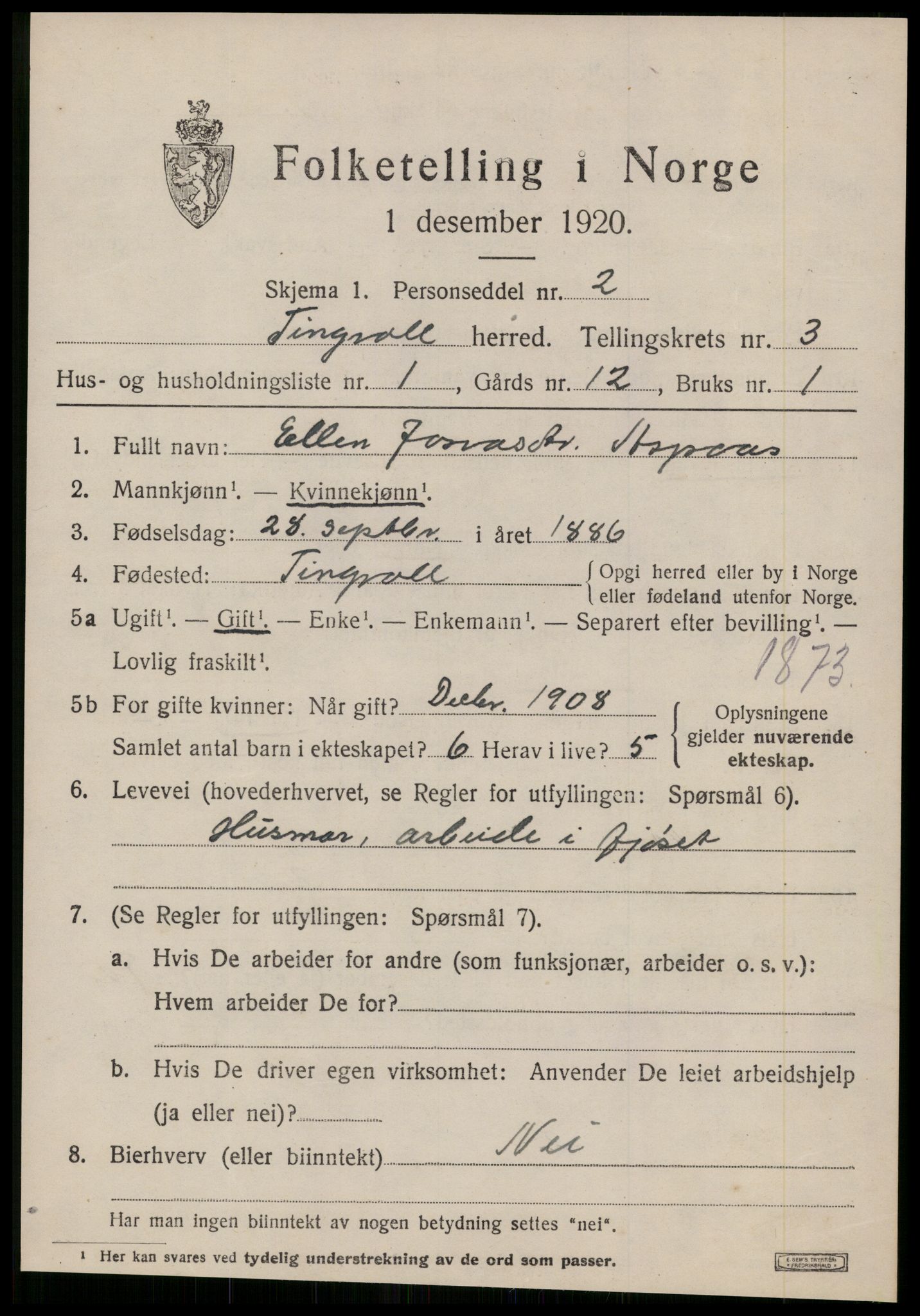 SAT, 1920 census for Tingvoll, 1920, p. 1638