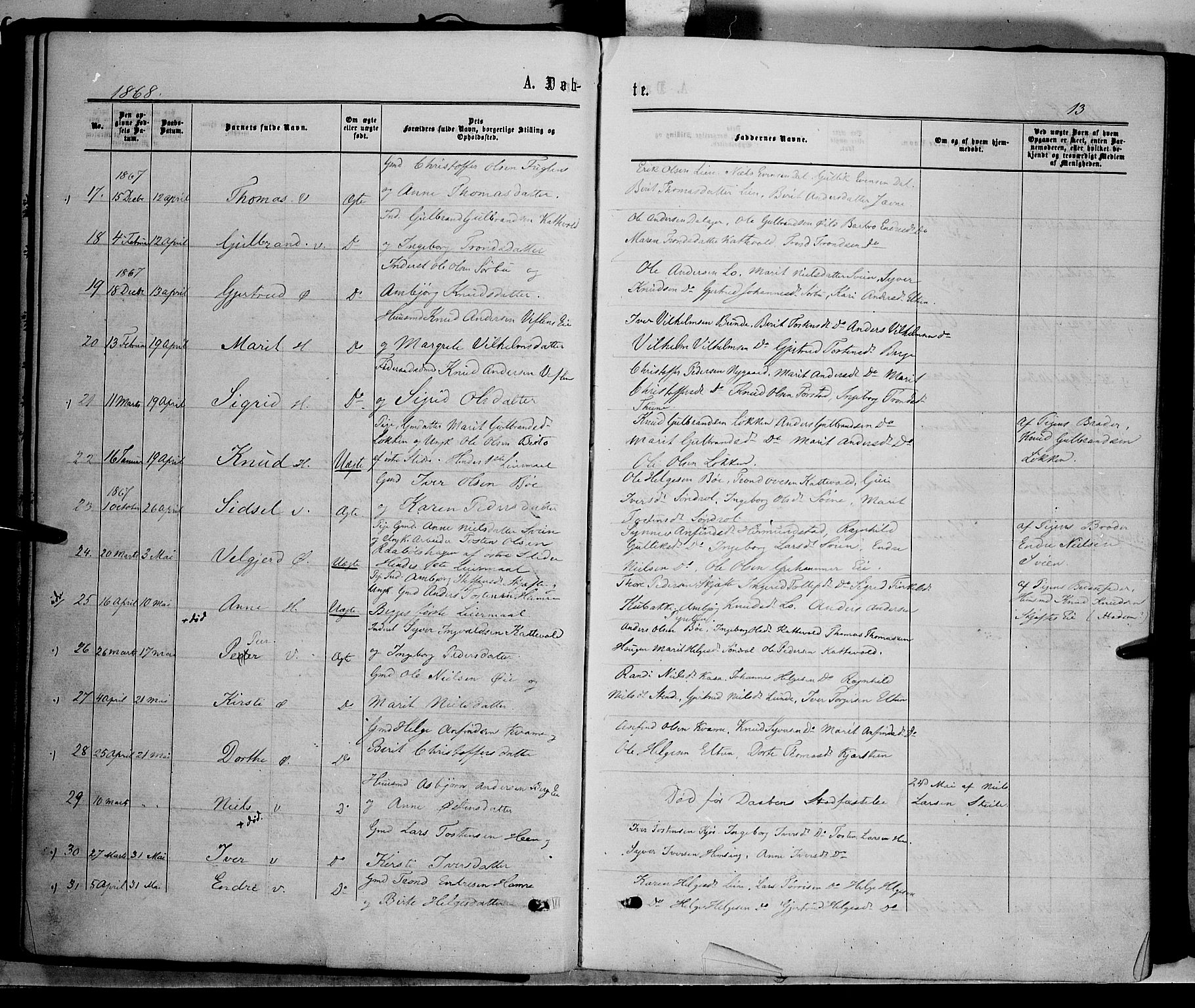 Vang prestekontor, Valdres, SAH/PREST-140/H/Ha/L0007: Parish register (official) no. 7, 1865-1881, p. 13