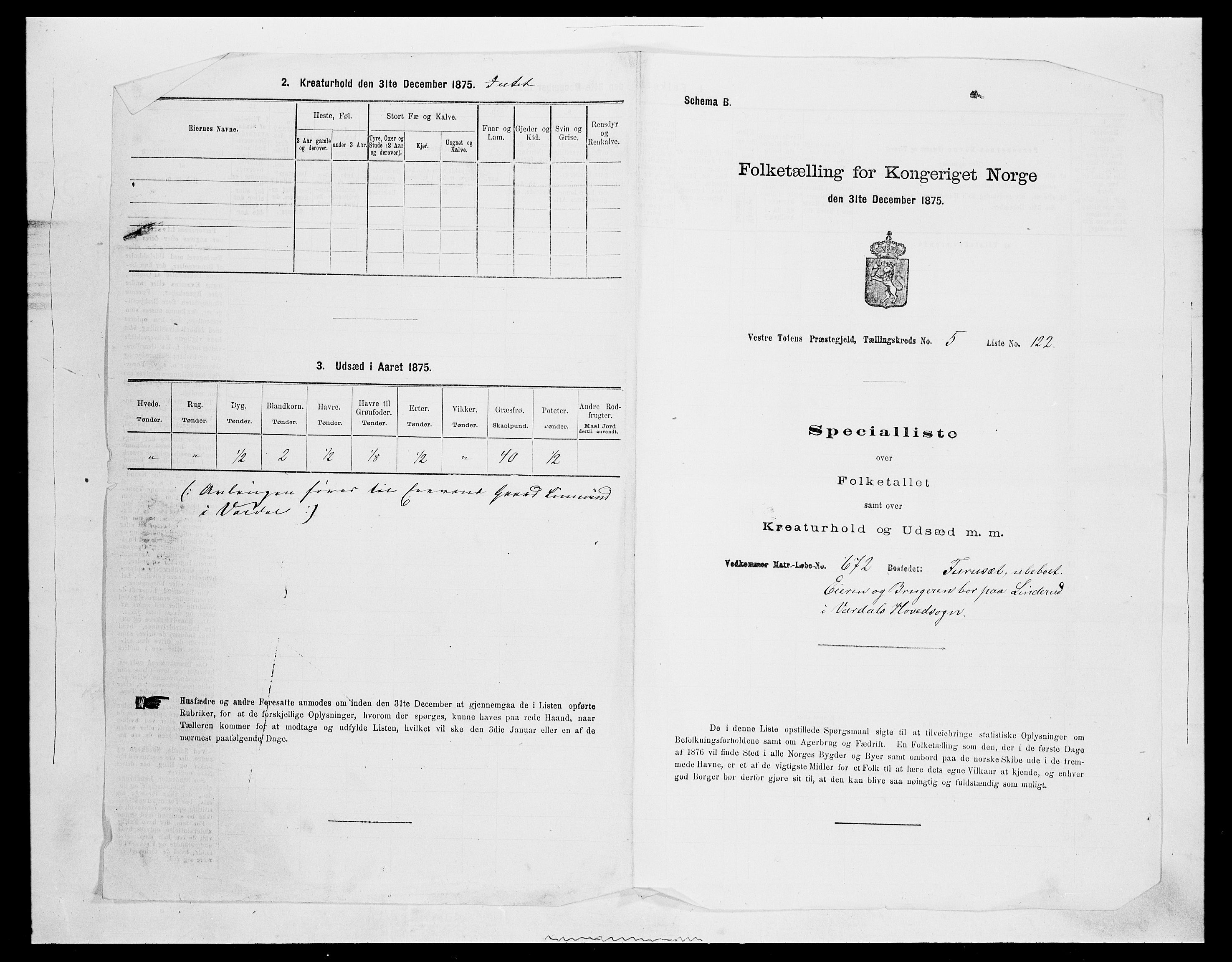 SAH, 1875 census for 0529P Vestre Toten, 1875, p. 1148