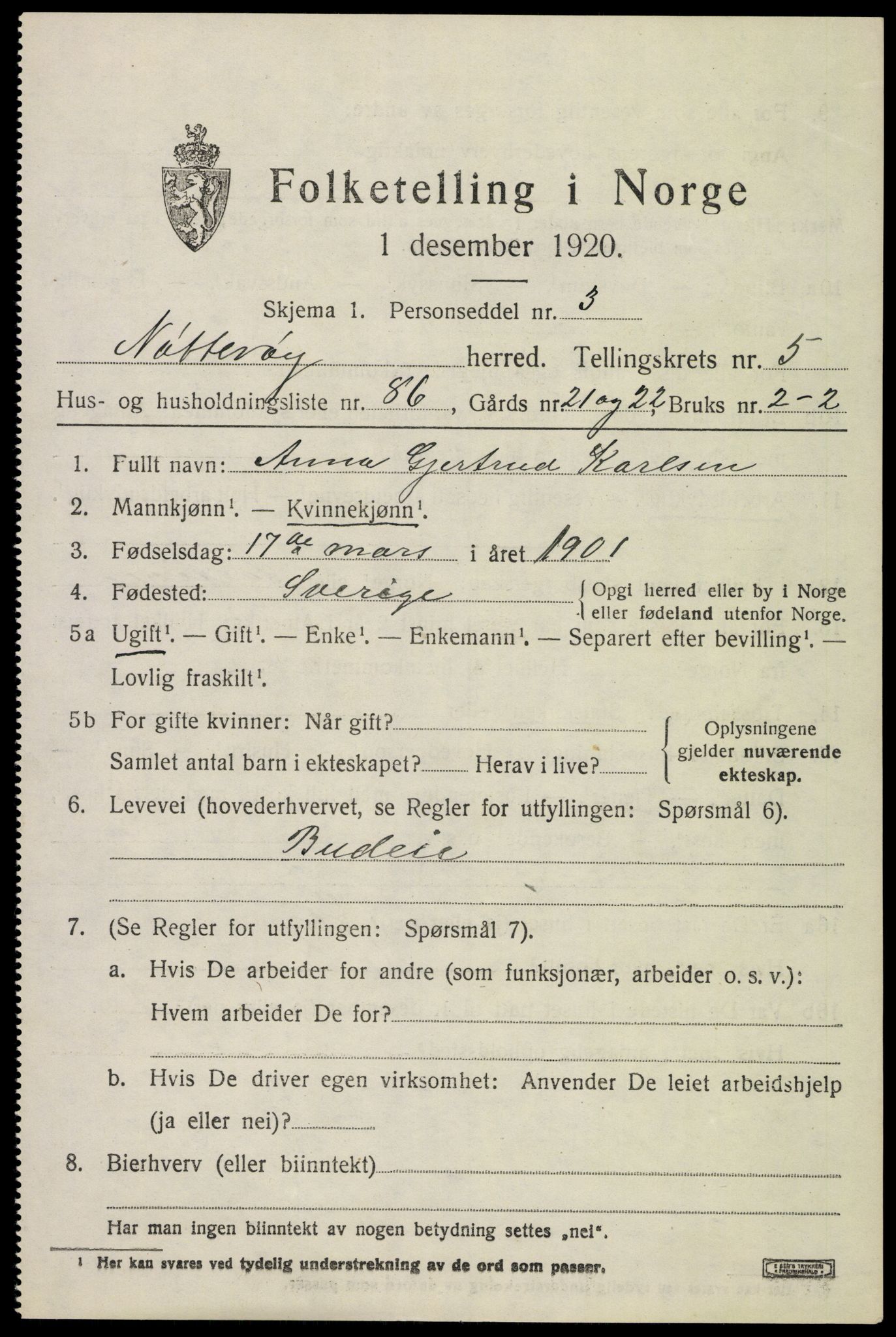 SAKO, 1920 census for Nøtterøy, 1920, p. 8389