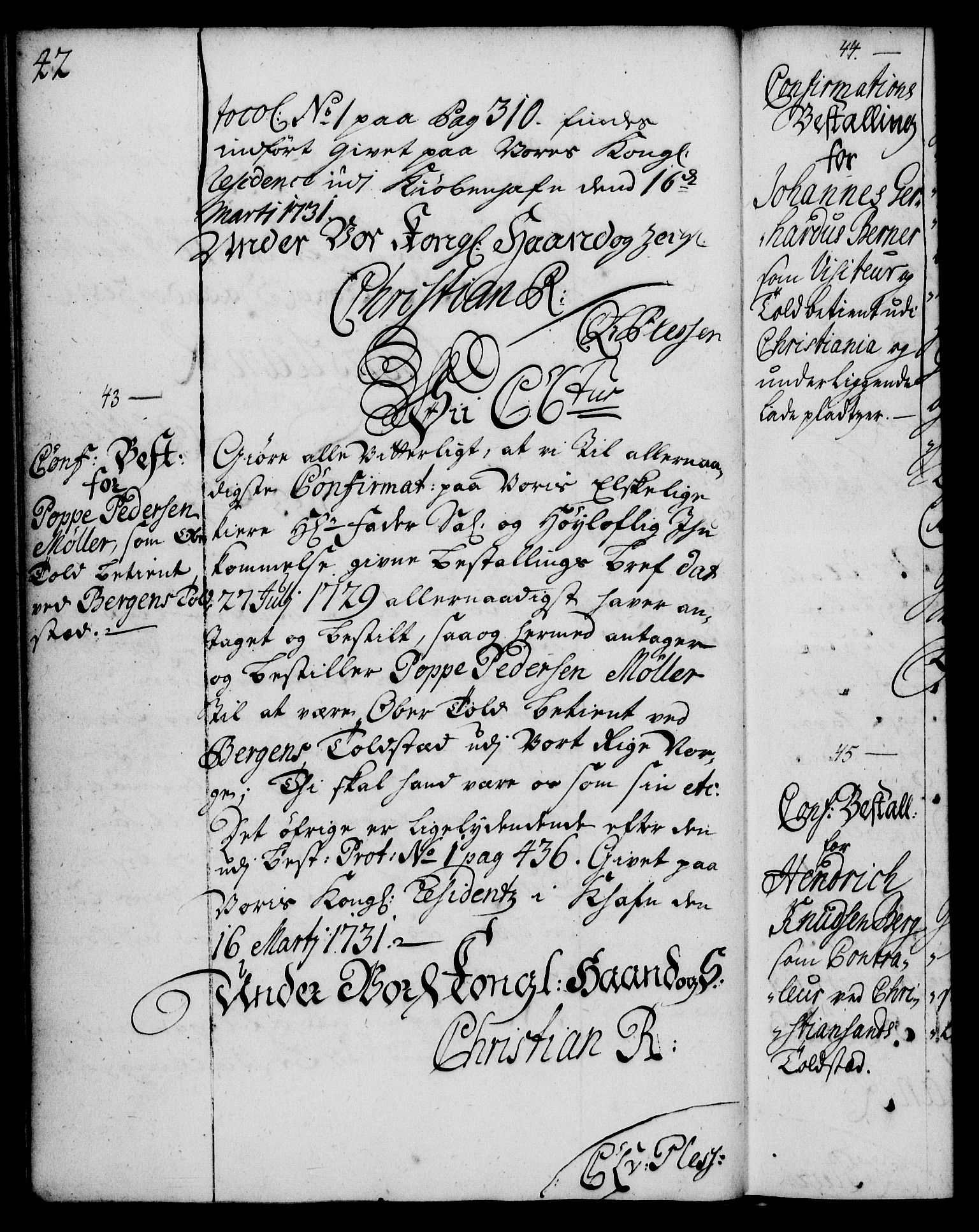 Rentekammeret, Kammerkanselliet, AV/RA-EA-3111/G/Gg/Ggg/L0001: Norsk konfirmasjonsbestallingsprotokoll med register (merket RK 53.31), 1731-1737, p. 42