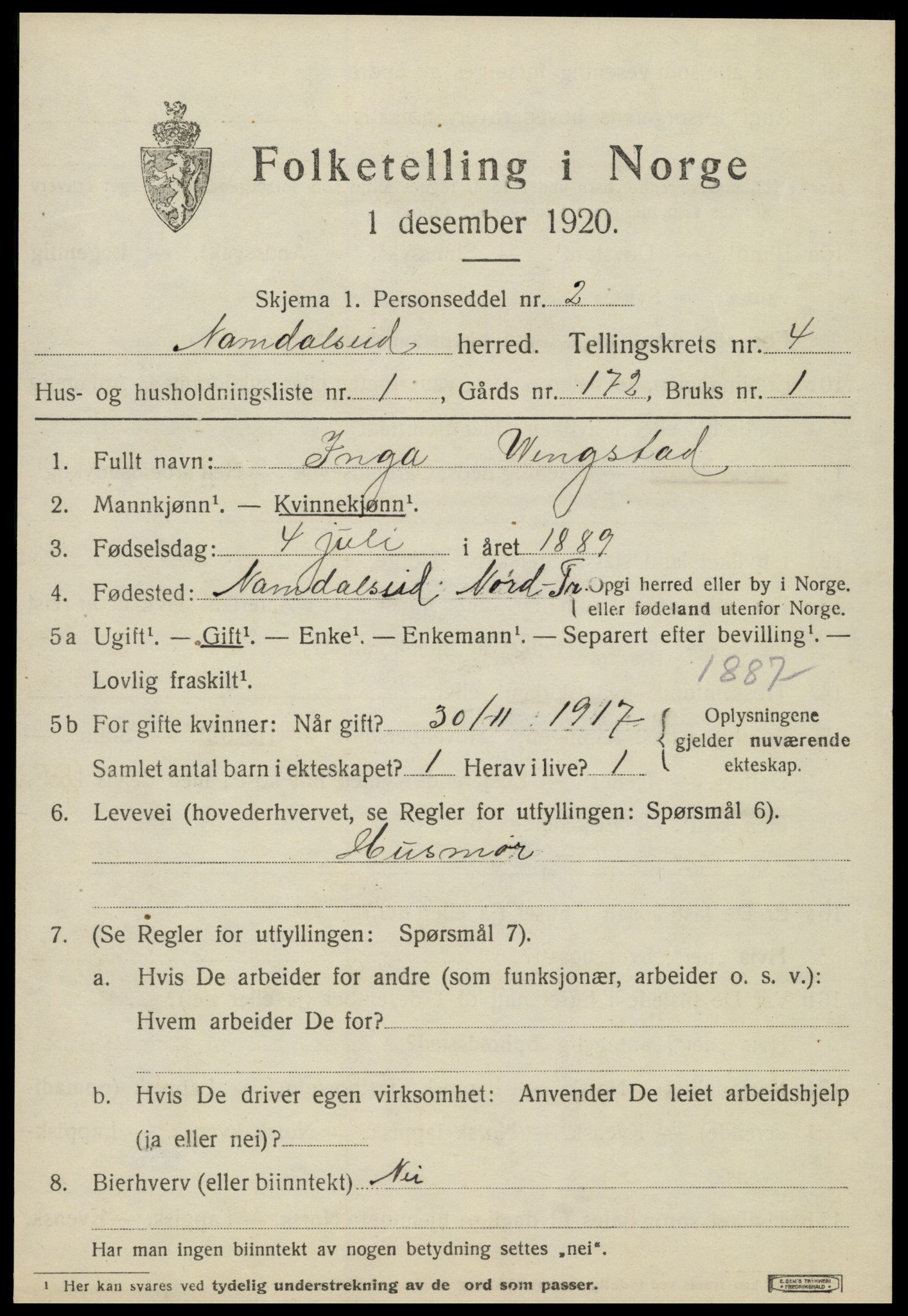 SAT, 1920 census for Namdalseid, 1920, p. 2930