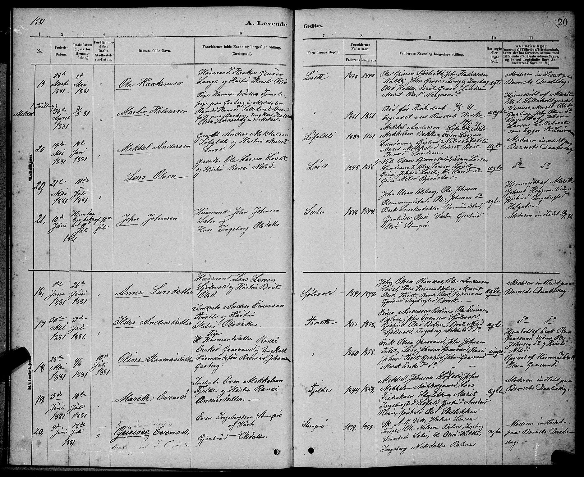 Ministerialprotokoller, klokkerbøker og fødselsregistre - Møre og Romsdal, AV/SAT-A-1454/598/L1077: Parish register (copy) no. 598C02, 1879-1891, p. 20