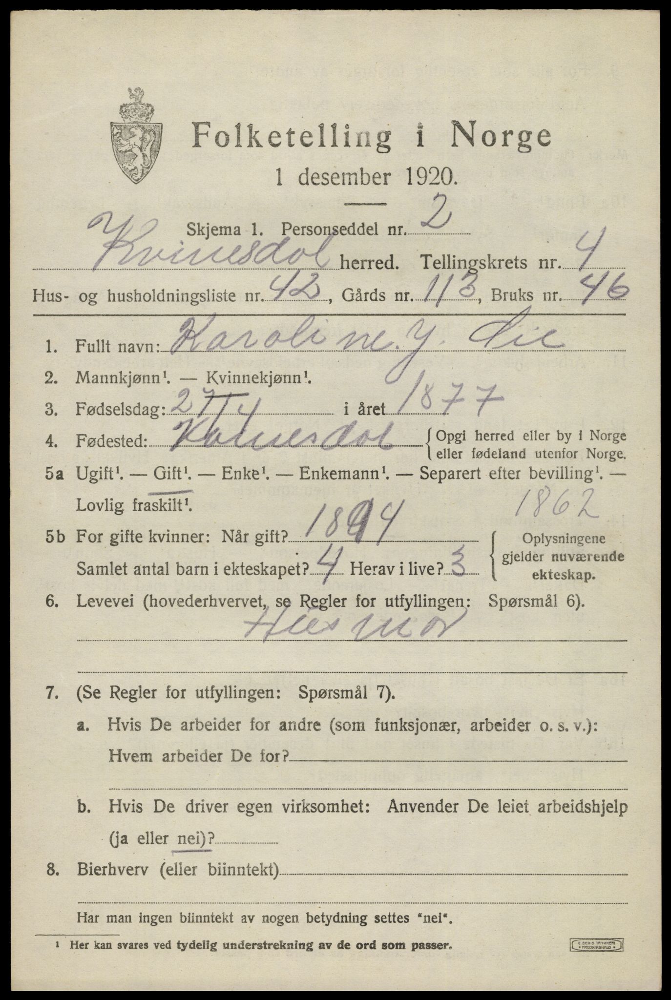SAK, 1920 census for Kvinesdal, 1920, p. 4879