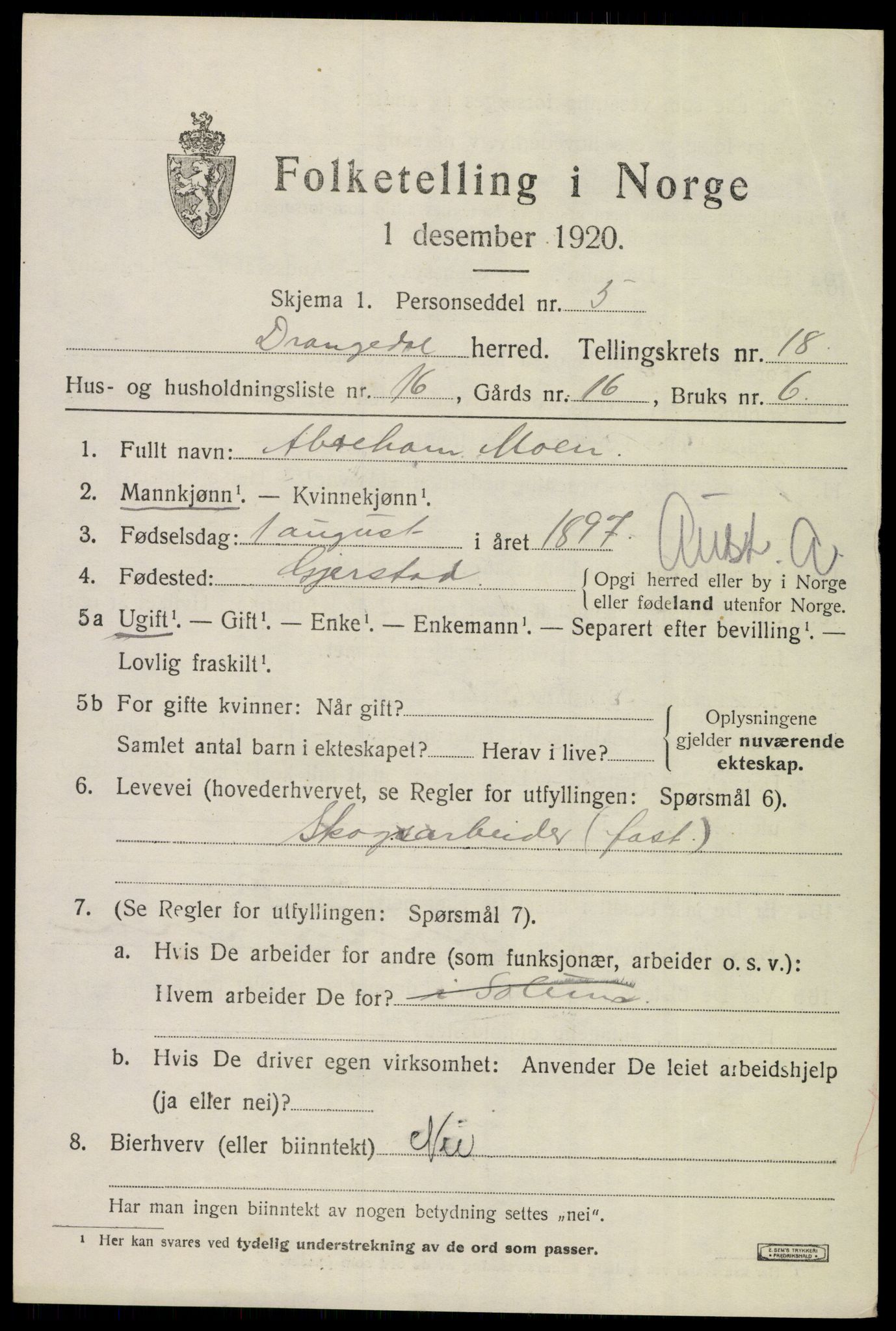 SAKO, 1920 census for Drangedal, 1920, p. 8463