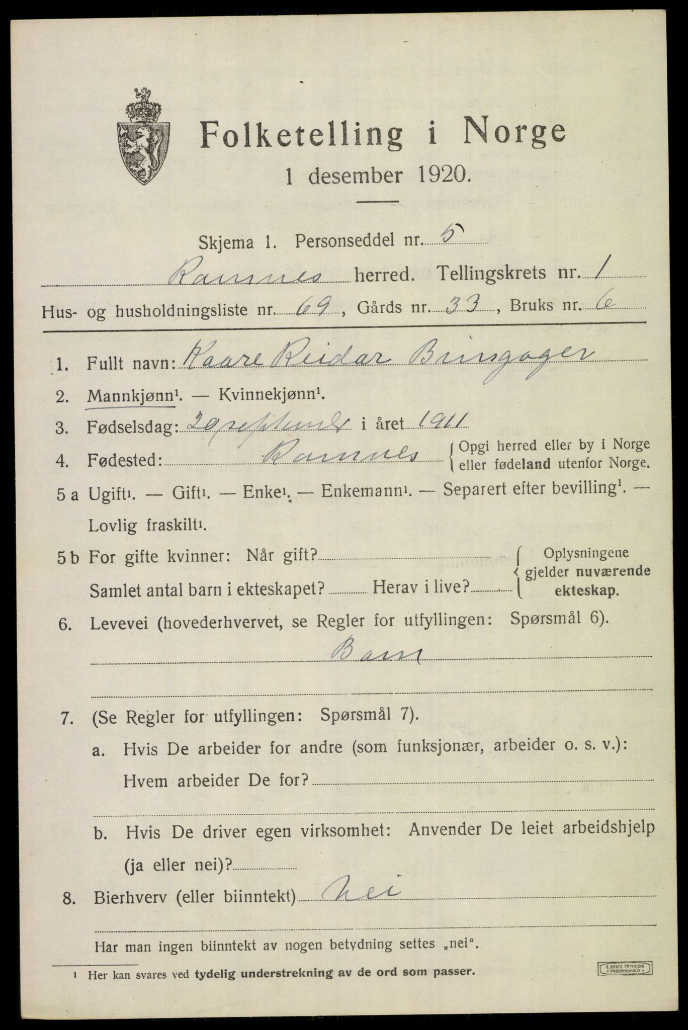 SAKO, 1920 census for Ramnes, 1920, p. 1988